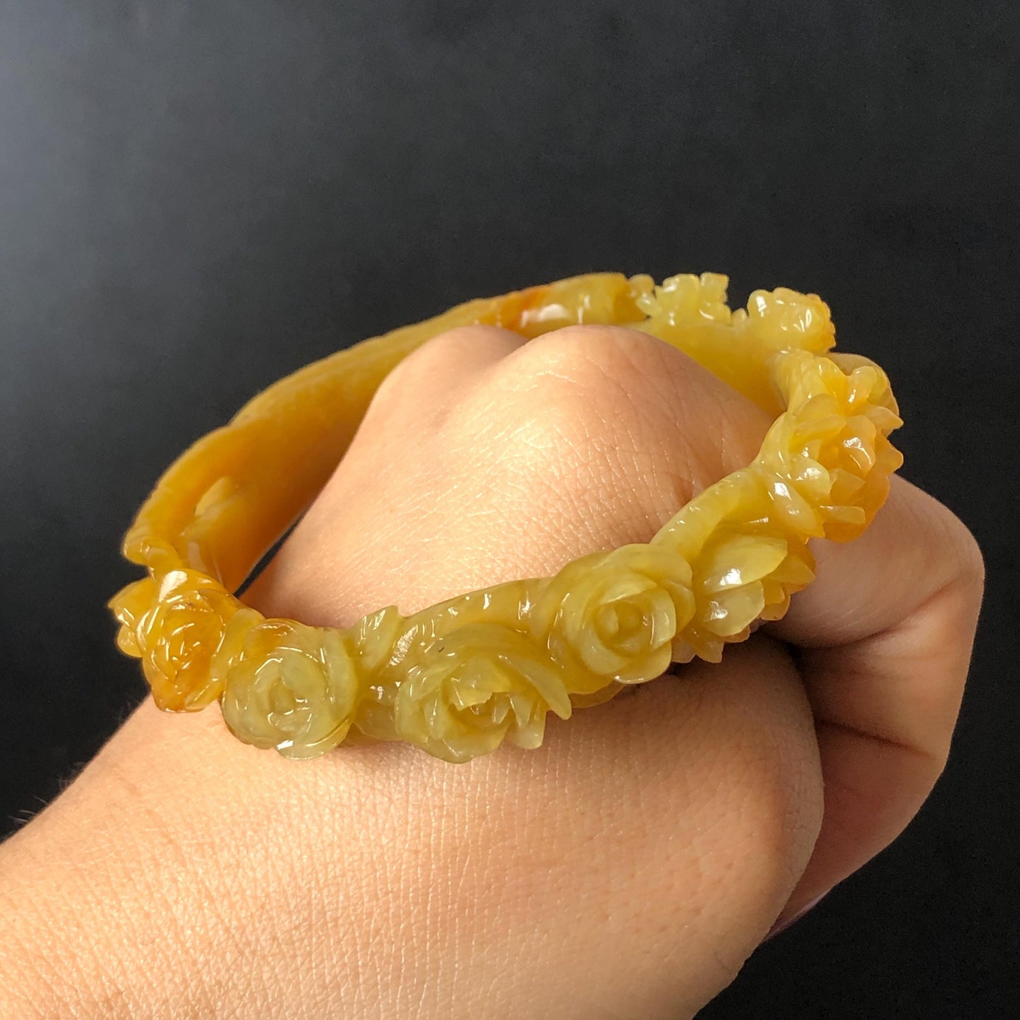 Custom Size 50-65mm! Xiu Jade Tiger & Rose Hand Craved Bangle: Certified Natural Serpentine Yellow Jade handcrafted Bracelet 3D stone carving Accept Customized order tailor-made bangle customized gift tiger lover gift for her custom size bangle natural jade with certificate bracelet yellow jade certified jade stone bangle gemstone bracelet crystal bangle jade carving rose carving flower carving personalized gift make to order antique bracelet chinese untreated jade birthday gift hallow out