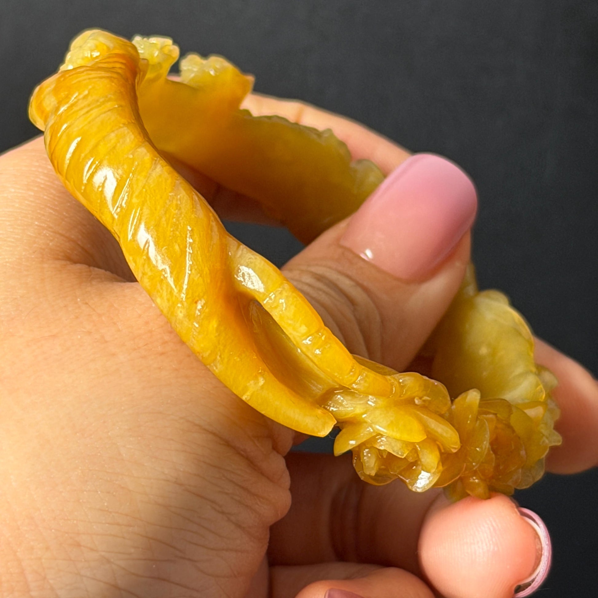 Custom Size 50-65mm! Xiu Jade Tiger & Rose Hand Craved Bangle: Certified Natural Serpentine Yellow Jade handcrafted Bracelet 3D stone carving Accept Customized order tailor-made bangle customized gift tiger lover gift for her custom size bangle natural jade with certificate bracelet yellow jade certified jade stone bangle gemstone bracelet crystal bangle jade carving rose carving flower carving personalized gift make to order antique bracelet chinese untreated jade birthday gift hallow out