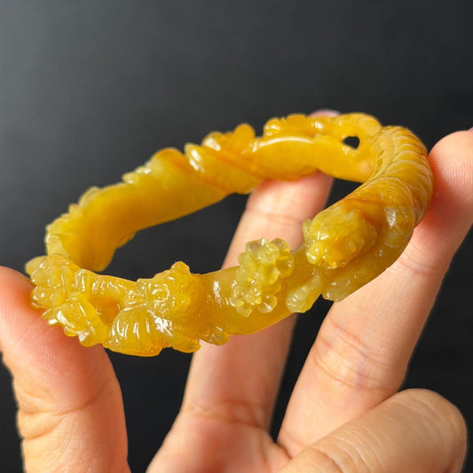 Custom Size 50-65mm! Xiu Jade Tiger & Rose Hand Craved Bangle: Certified Natural Serpentine Yellow Jade handcrafted Bracelet 3D stone carving Accept Customized order tailor-made bangle customized gift tiger lover gift for her custom size bangle natural jade with certificate bracelet yellow jade certified jade stone bangle gemstone bracelet crystal bangle jade carving rose carving flower carving personalized gift make to order antique bracelet chinese untreated jade birthday gift hallow out