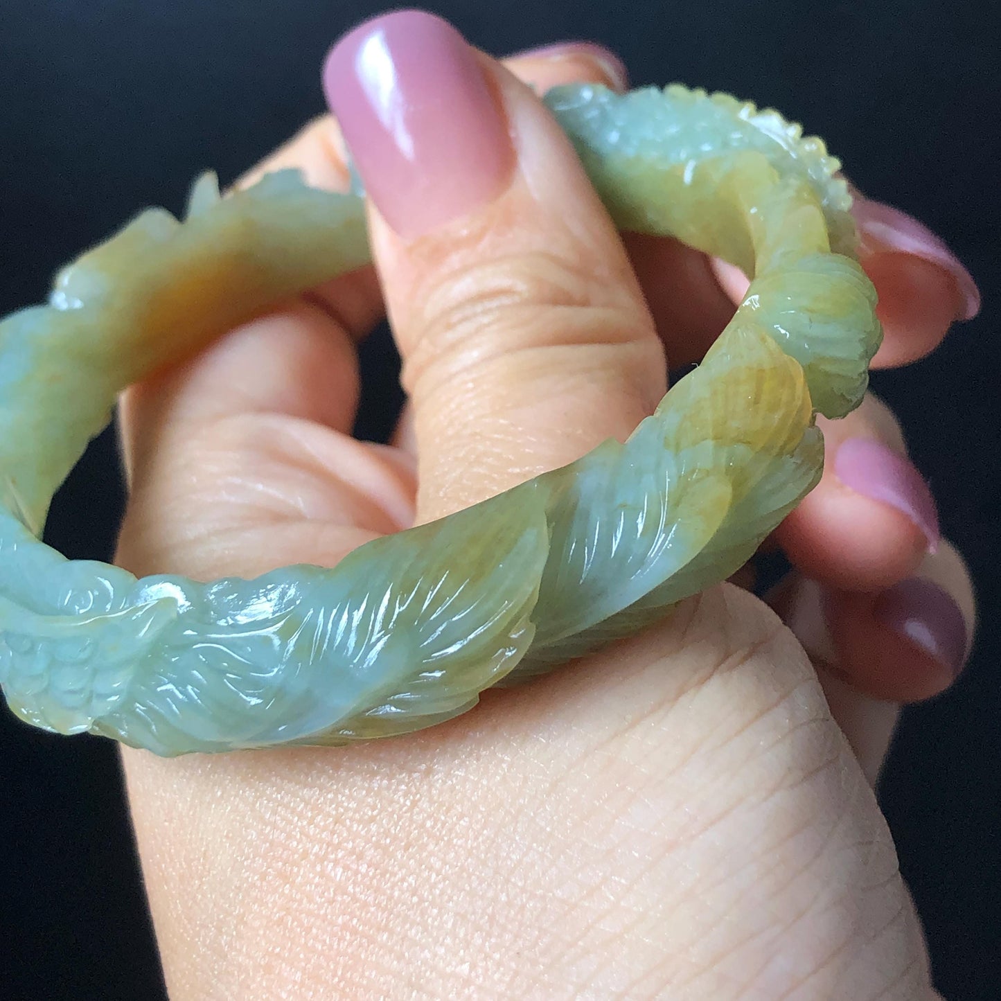 Custom Size 50-65mm! Xiu Jade Dragon & Phoenix Hand Carved Bangle: Certified Natural Serpentine Yellow Green Jade handcrafted Bracelet 3D stone carving Accept Customized order tailor-made bangle customized gift dragon lover gift for her natural jade with certificate bracelet green jade yellow jade multicolour jade certified jade stone bangle gemstone bracelet jade carving phoenix carving peony carving personalized gift make to order chinese untreated jade birthday gift hallow out