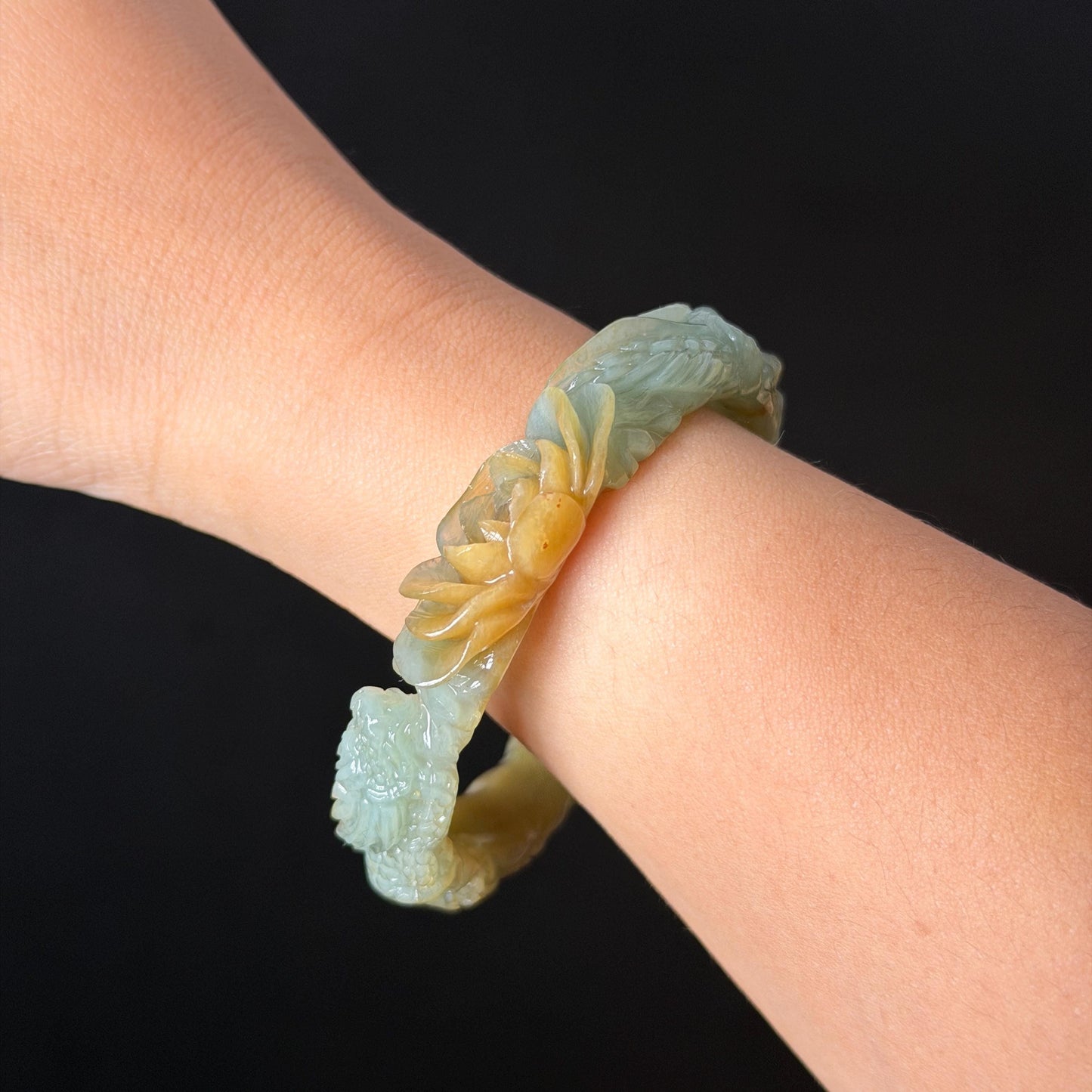 Custom Size 50-65mm! Xiu Jade Dragon & Phoenix Hand Carved Bangle: Certified Natural Serpentine Yellow Green Jade handcrafted Bracelet 3D stone carving Accept Customized order tailor-made bangle customized gift dragon lover gift for her natural jade with certificate bracelet green jade yellow jade multicolour jade certified jade stone bangle gemstone bracelet jade carving phoenix carving peony carving personalized gift make to order chinese untreated jade birthday gift hallow out