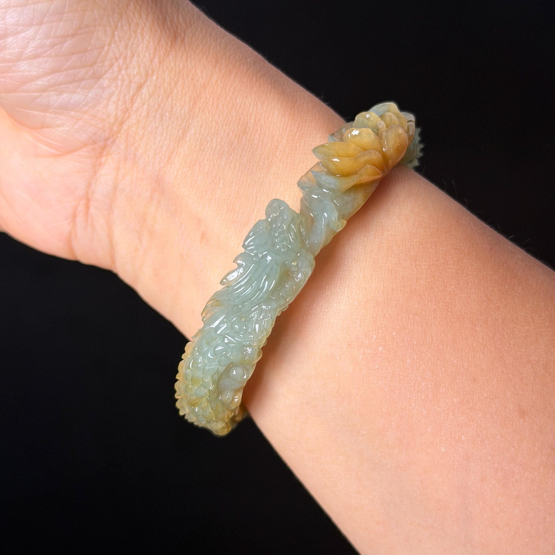 Custom Size 50-65mm! Xiu Jade Dragon & Phoenix Hand Carved Bangle: Certified Natural Serpentine Yellow Green Jade handcrafted Bracelet 3D stone carving Accept Customized order tailor-made bangle customized gift dragon lover gift for her natural jade with certificate bracelet green jade yellow jade multicolour jade certified jade stone bangle gemstone bracelet jade carving phoenix carving peony carving personalized gift make to order chinese untreated jade birthday gift hallow out