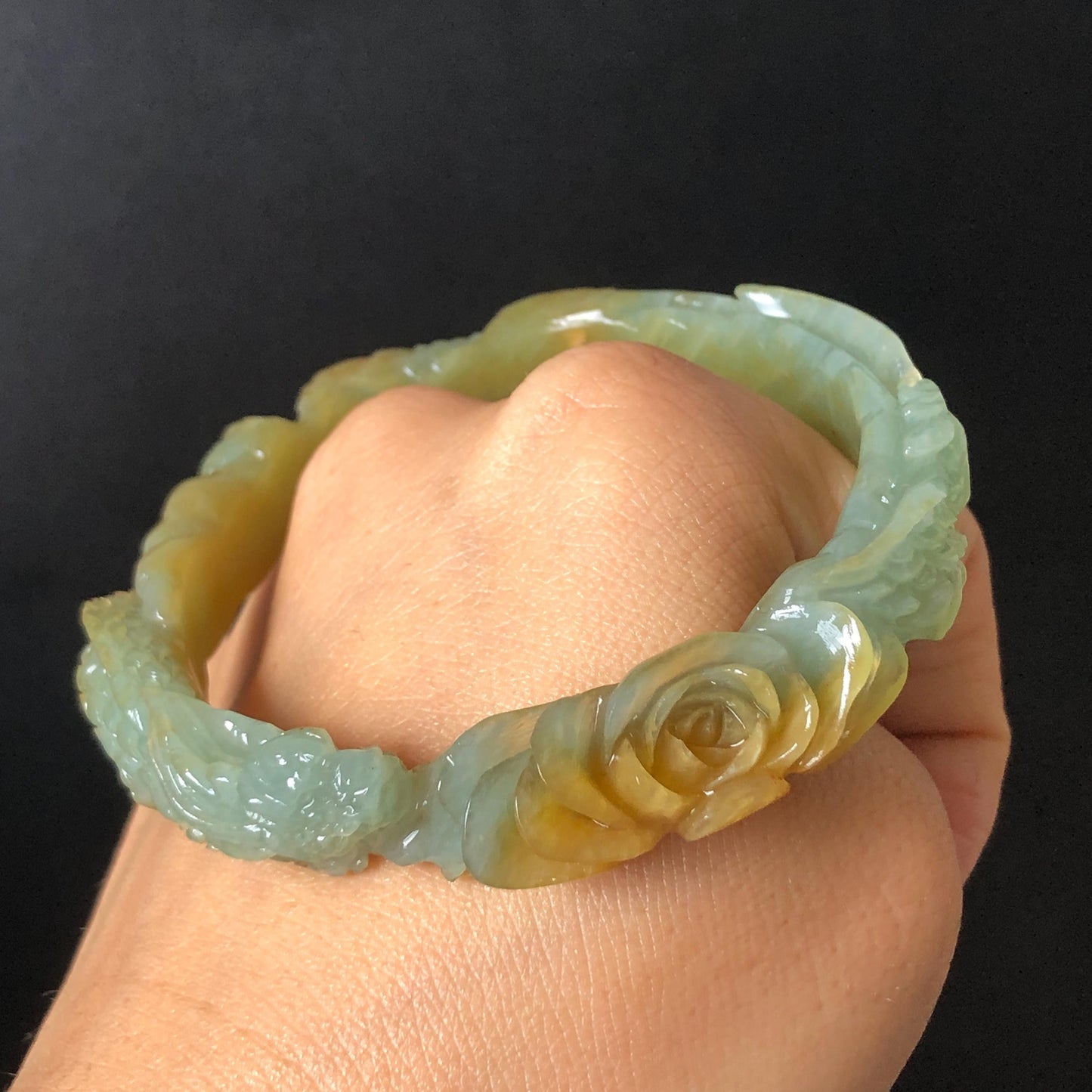 Custom Size 50-65mm! Xiu Jade Dragon & Phoenix Hand Carved Bangle: Certified Natural Serpentine Yellow Green Jade handcrafted Bracelet 3D stone carving Accept Customized order tailor-made bangle customized gift dragon lover gift for her natural jade with certificate bracelet green jade yellow jade multicolour jade certified jade stone bangle gemstone bracelet jade carving phoenix carving peony carving personalized gift make to order chinese untreated jade birthday gift hallow out