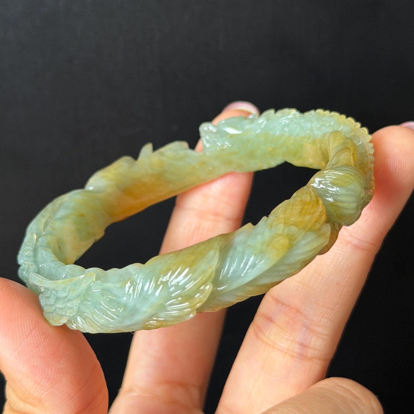 Custom Size 50-65mm! Xiu Jade Dragon & Phoenix Hand Carved Bangle: Certified Natural Serpentine Yellow Green Jade handcrafted Bracelet 3D stone carving Accept Customized order tailor-made bangle customized gift dragon lover gift for her natural jade with certificate bracelet green jade yellow jade multicolour jade certified jade stone bangle gemstone bracelet jade carving phoenix carving peony carving personalized gift make to order chinese untreated jade birthday gift hallow out