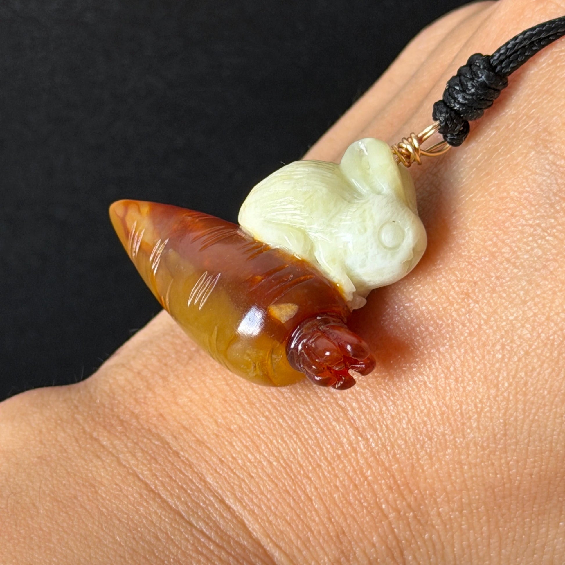 Xiu Jade Rabbit & Carrot Hand Carved Pendant Adjustable Necklace: Certified Natural Serpentine Red Brown White Jade Handcrafted Charm 3D Stone Carving white jade carving brown jade red jade 3D carving rabbit carving bunny carving rabbit pendant bunny charm carrot pendant raddish pendant adjustable necklace choker jade with certificate untreated jade lucky charm rabbit lover gift bunny lover gift handcrafted jade