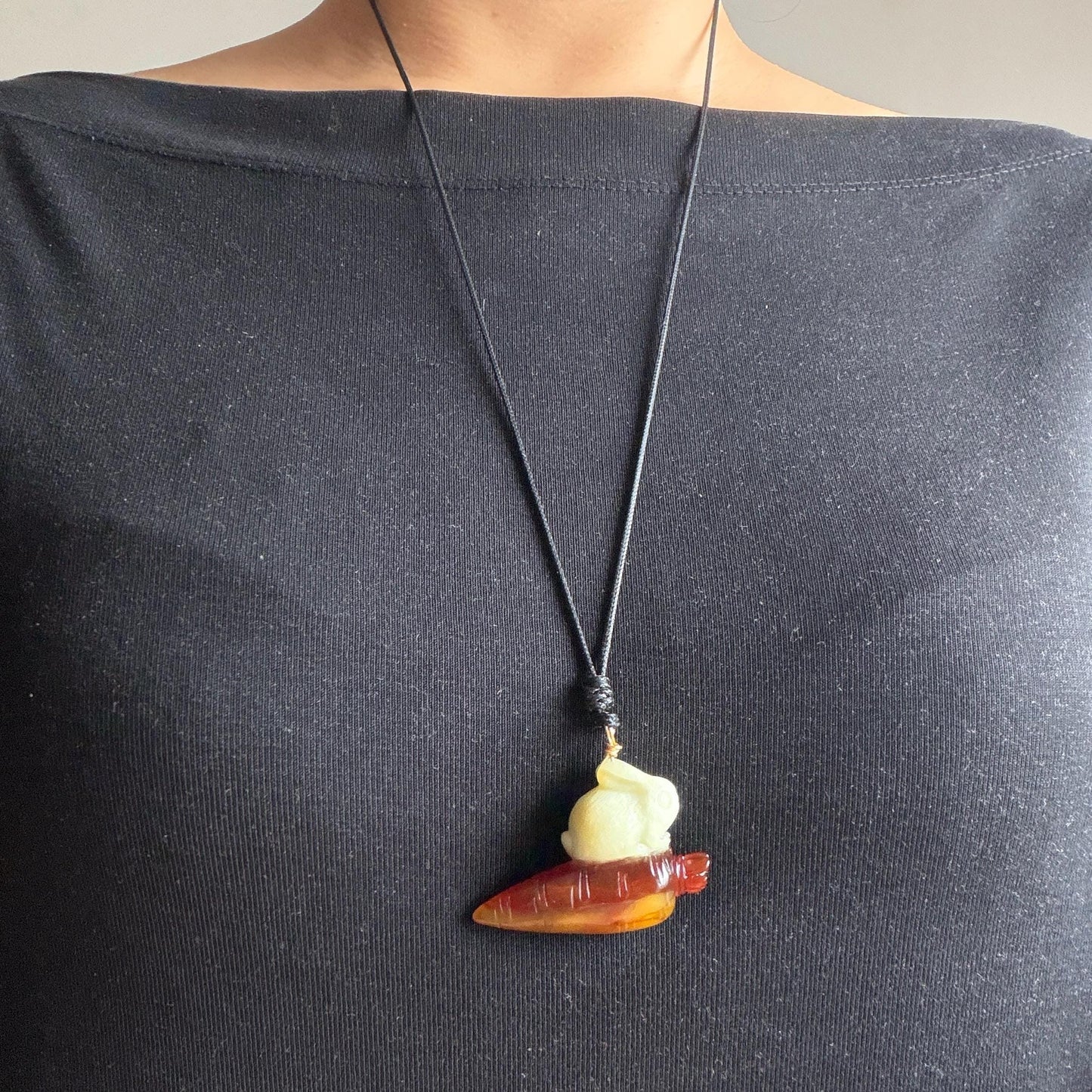 Xiu Jade Rabbit & Carrot Hand Carved Pendant Adjustable Necklace: Certified Natural Serpentine Red Brown White Jade Handcrafted Charm 3D Stone Carving white jade carving brown jade red jade 3D carving rabbit carving bunny carving rabbit pendant bunny charm carrot pendant raddish pendant adjustable necklace choker jade with certificate untreated jade lucky charm rabbit lover gift bunny lover gift handcrafted jade
