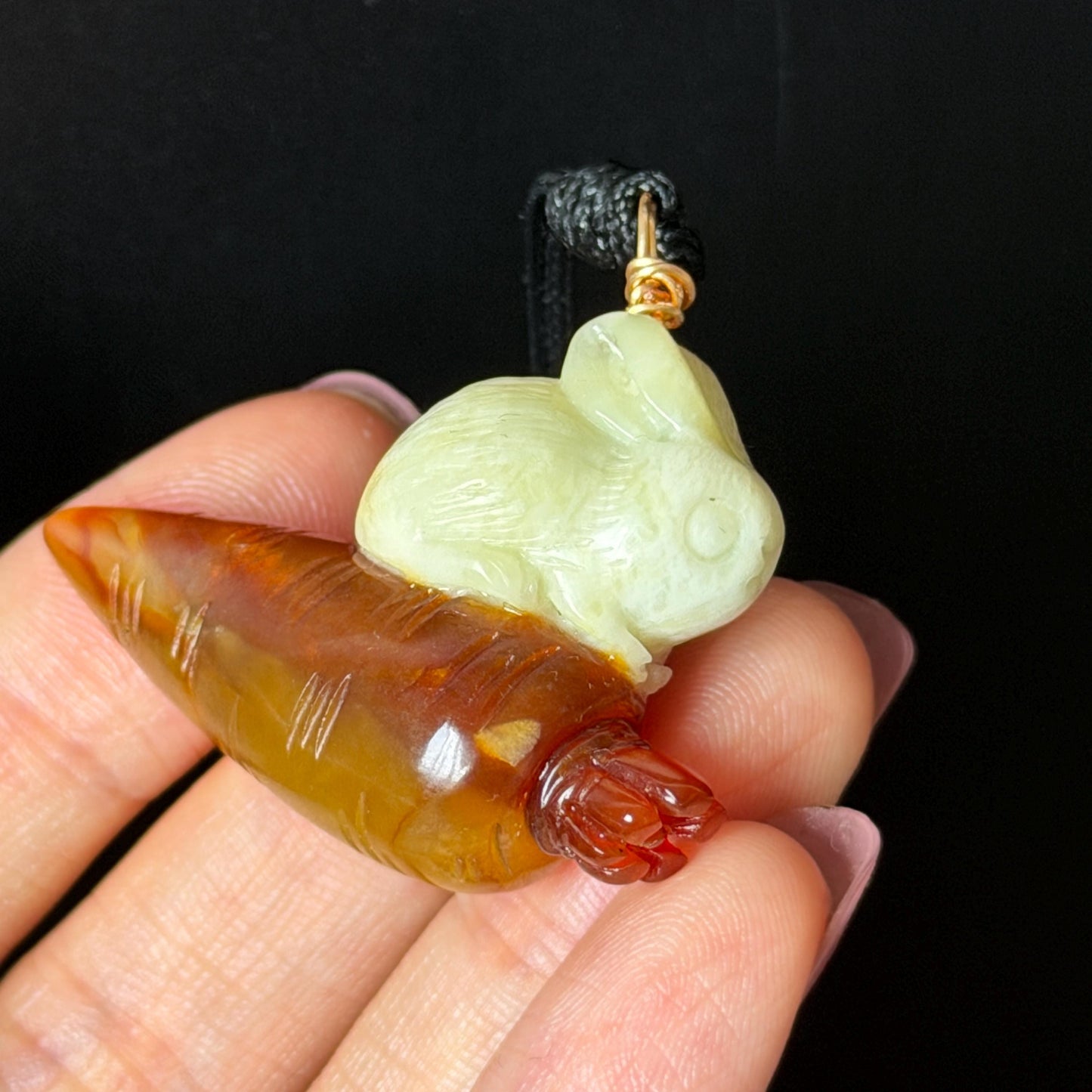 Xiu Jade Rabbit & Carrot Hand Carved Pendant Adjustable Necklace: Certified Natural Serpentine Red Brown White Jade Handcrafted Charm 3D Stone Carving white jade carving brown jade red jade 3D carving rabbit carving bunny carving rabbit pendant bunny charm carrot pendant raddish pendant adjustable necklace choker jade with certificate untreated jade lucky charm rabbit lover gift bunny lover gift handcrafted jade
