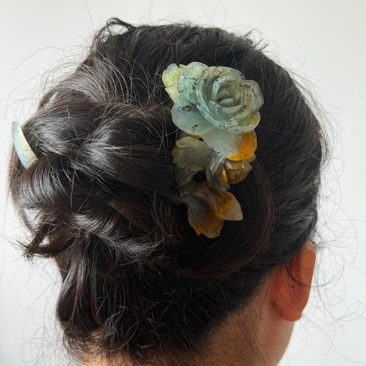 Xiu Jade Rose Flowers Hand Carved Hair Pin: Certified Natural Serpentine Blue Brown White Jade Handcrafted Crescent Moon Hair Stick 3D Stone Carving Hair Jewelry Bridal Wedding Headpiece gift for her japanese hairpin korean hair stick chinese hair fork vintage hair comb antique hair pins hanfu hair stick bridal shower hair jewelry bridal shower gift engagement hair accessory jade carving hand engraved jade hand carved flower jade hairpins untreated natural jade with certificate moon hairpin