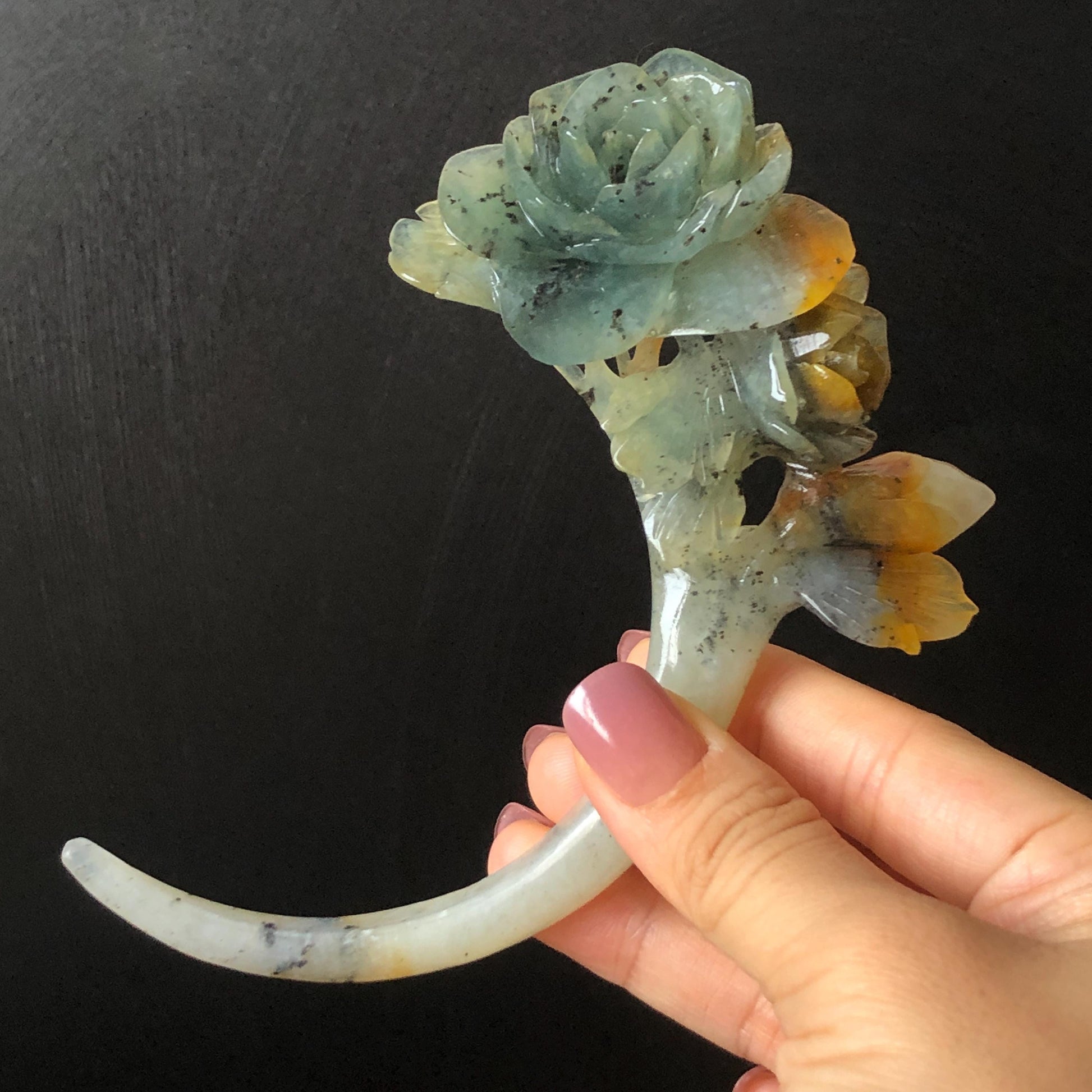Xiu Jade Rose Flowers Hand Carved Hair Pin: Certified Natural Serpentine Blue Brown White Jade Handcrafted Crescent Moon Hair Stick 3D Stone Carving Hair Jewelry Bridal Wedding Headpiece gift for her japanese hairpin korean hair stick chinese hair fork vintage hair comb antique hair pins hanfu hair stick bridal shower hair jewelry bridal shower gift engagement hair accessory jade carving hand engraved jade hand carved flower jade hairpins untreated natural jade with certificate moon hairpin