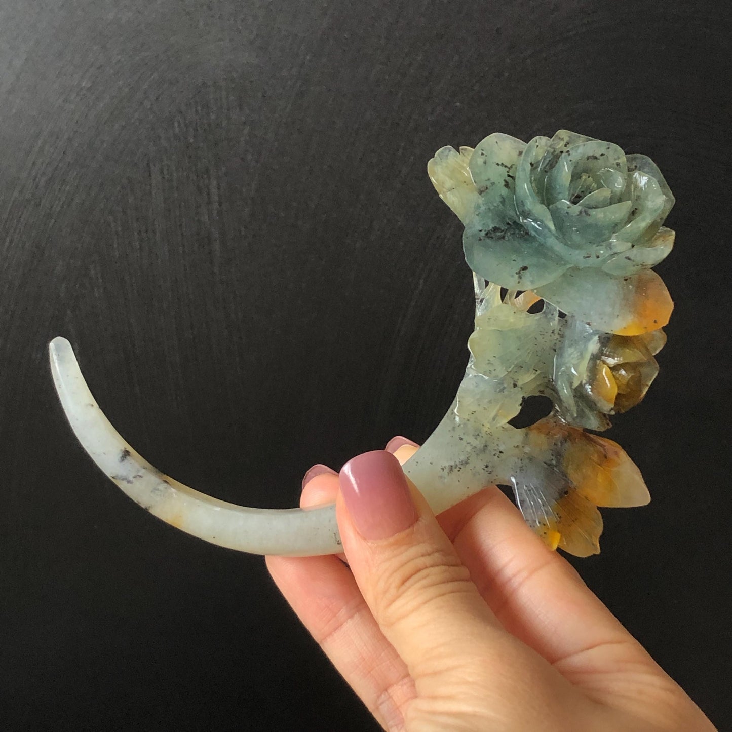 Xiu Jade Rose Flowers Hand Carved Hair Pin: Certified Natural Serpentine Blue Brown White Jade Handcrafted Crescent Moon Hair Stick 3D Stone Carving Hair Jewelry Bridal Wedding Headpiece gift for her japanese hairpin korean hair stick chinese hair fork vintage hair comb antique hair pins hanfu hair stick bridal shower hair jewelry bridal shower gift engagement hair accessory jade carving hand engraved jade hand carved flower jade hairpins untreated natural jade with certificate moon hairpin