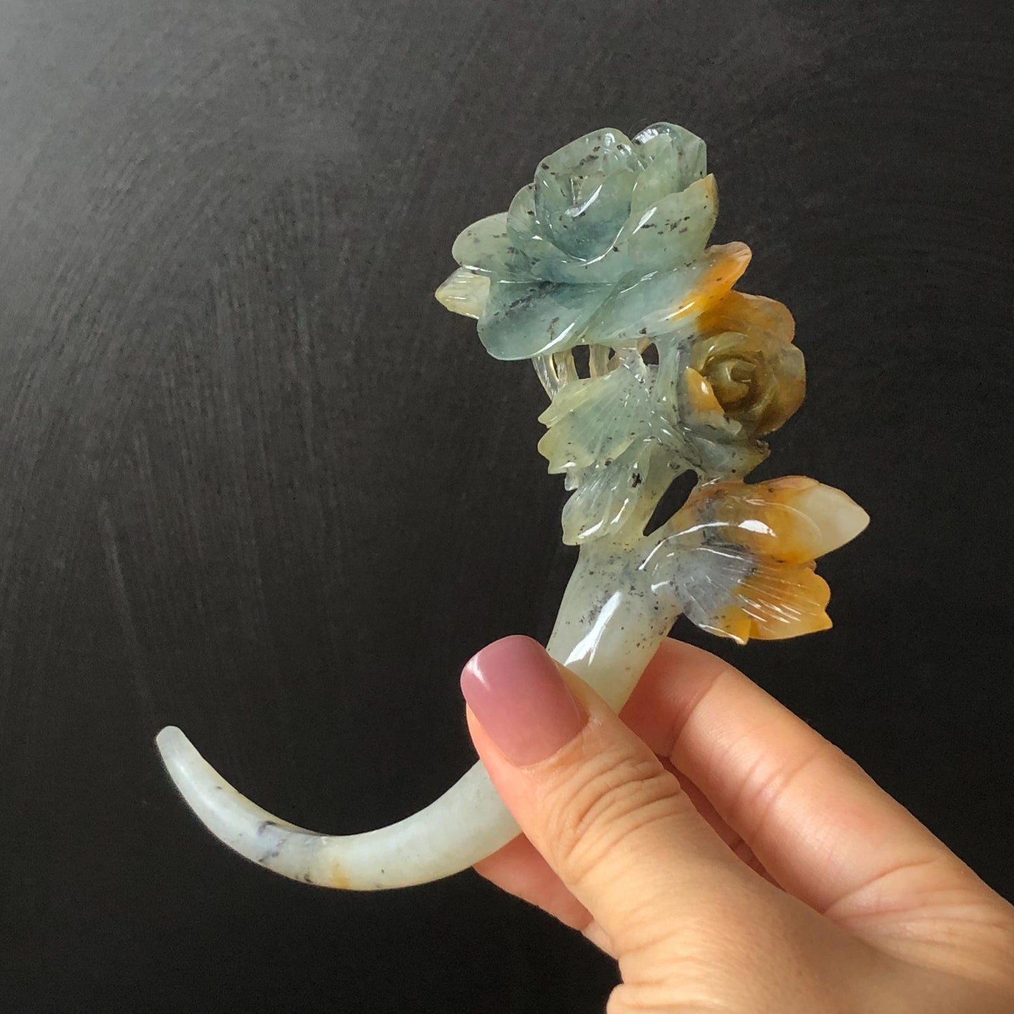 Xiu Jade Rose Flowers Hand Carved Hair Pin: Certified Natural Serpentine Blue Brown White Jade Handcrafted Crescent Moon Hair Stick 3D Stone Carving Hair Jewelry Bridal Wedding Headpiece gift for her japanese hairpin korean hair stick chinese hair fork vintage hair comb antique hair pins hanfu hair stick bridal shower hair jewelry bridal shower gift engagement hair accessory jade carving hand engraved jade hand carved flower jade hairpins untreated natural jade with certificate moon hairpin
