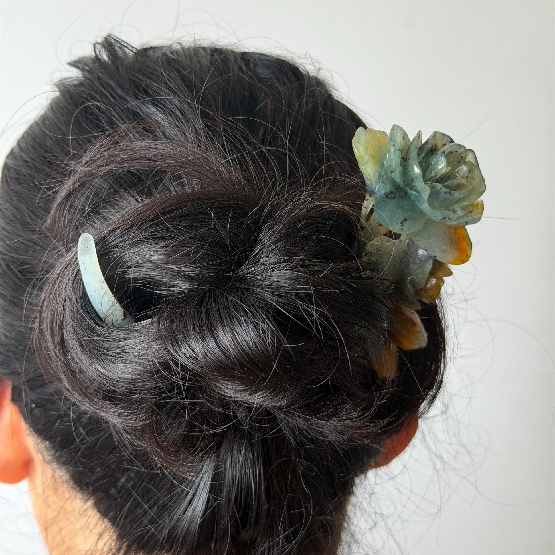 Xiu Jade Rose Flowers Hand Carved Hair Pin: Certified Natural Serpentine Blue Brown White Jade Handcrafted Crescent Moon Hair Stick 3D Stone Carving Hair Jewelry Bridal Wedding Headpiece gift for her japanese hairpin korean hair stick chinese hair fork vintage hair comb antique hair pins hanfu hair stick bridal shower hair jewelry bridal shower gift engagement hair accessory jade carving hand engraved jade hand carved flower jade hairpins untreated natural jade with certificate moon hairpin