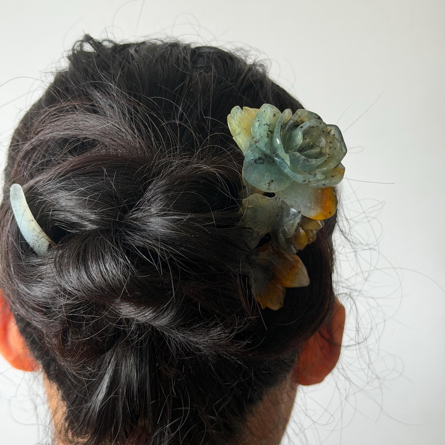 Xiu Jade Rose Flowers Hand Carved Hair Pin: Certified Natural Serpentine Blue Brown White Jade Handcrafted Crescent Moon Hair Stick 3D Stone Carving Hair Jewelry Bridal Wedding Headpiece gift for her japanese hairpin korean hair stick chinese hair fork vintage hair comb antique hair pins hanfu hair stick bridal shower hair jewelry bridal shower gift engagement hair accessory jade carving hand engraved jade hand carved flower jade hairpins untreated natural jade with certificate moon hairpin