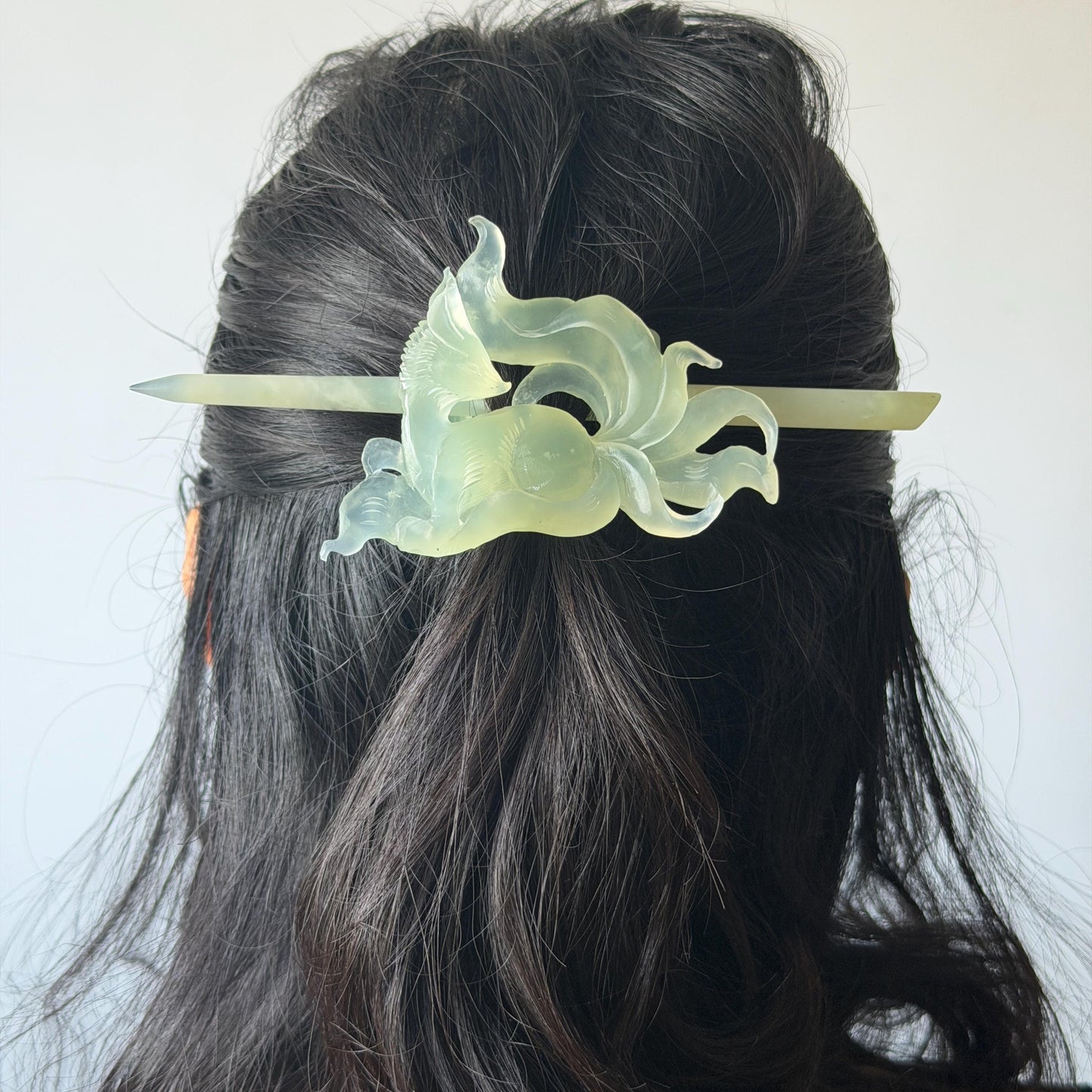 Xiu Jade Nine-tailed Fox Hand Carved Hair Crown: Natural Serpentine Ice Green  Jade Hanfu Hair Stick 3D stone carving Asian Chinese Vintage Style  Gift for her, hairpin, green jade hair stick, hair fork, chinese hairpin, korean hair stick, japanese hair pin, vinatge hair comb, bridal hair clip, fox lover gift, hand carved fox, hand engraved animals carving, fox carving, real jade untreated jade bridal headpiece wedding hair jewelry hollow out carving gift for her engagement gift