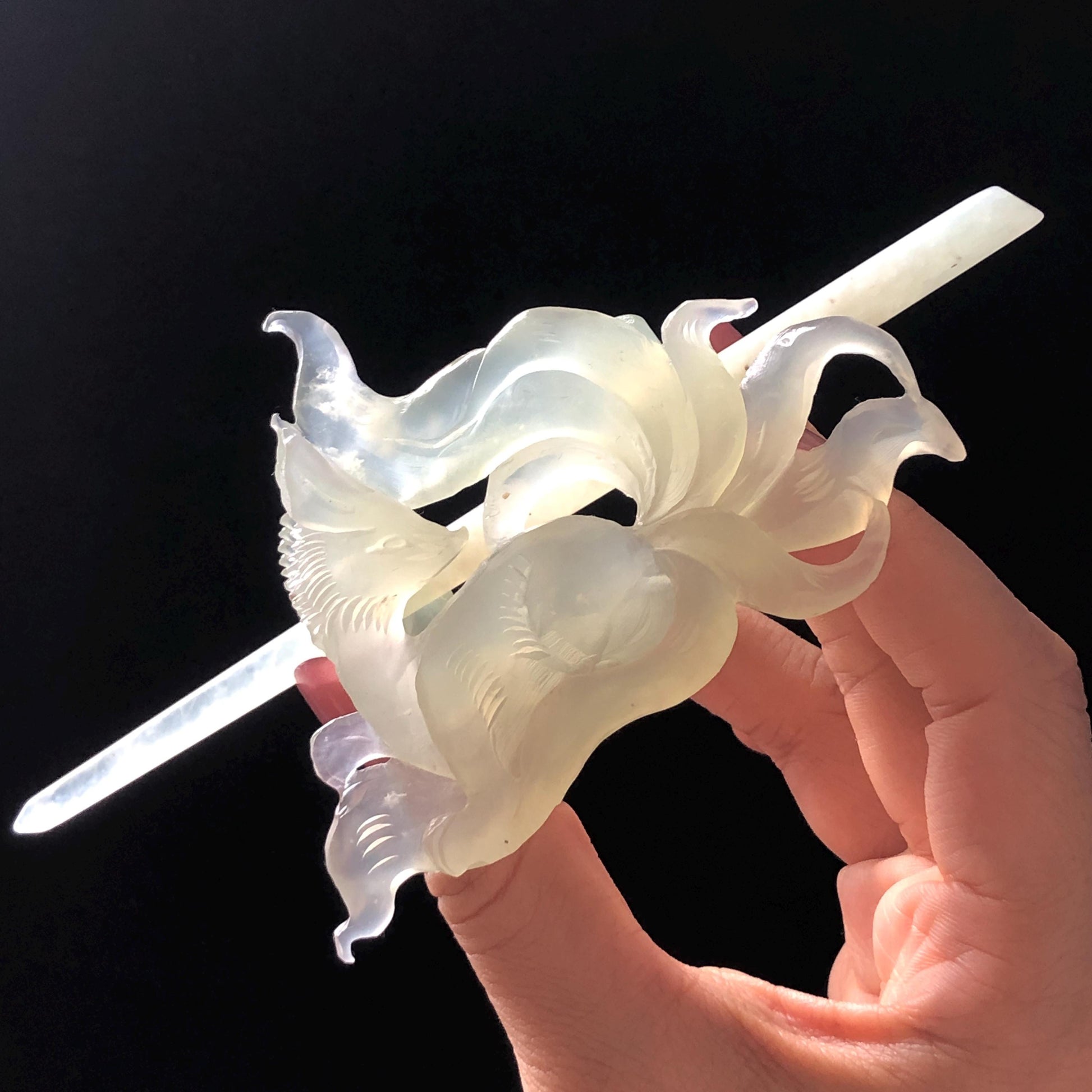 Xiu Jade Nine-tailed Fox Hand Carved Hair Crown: Natural Serpentine Ice Green  Jade Hanfu Hair Stick 3D stone carving Asian Chinese Vintage Style  Gift for her, hairpin, green jade hair stick, hair fork, chinese hairpin, korean hair stick, japanese hair pin, vinatge hair comb, bridal hair clip, fox lover gift, hand carved fox, hand engraved animals carving, fox carving, real jade untreated jade bridal headpiece wedding hair jewelry hollow out carving gift for her engagement gift