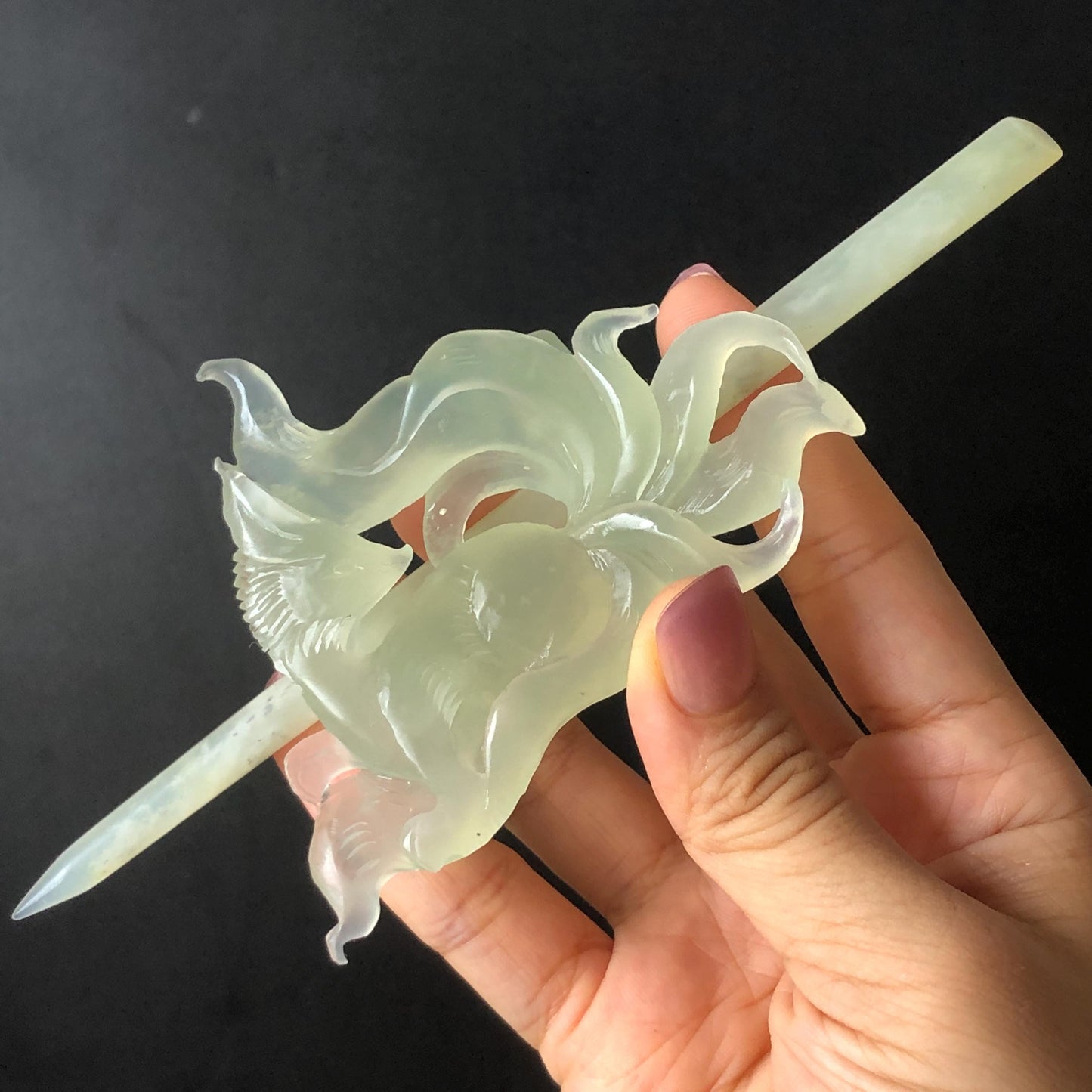 Xiu Jade Nine-tailed Fox Hand Carved Hair Crown: Natural Serpentine Ice Green  Jade Hanfu Hair Stick 3D stone carving Asian Chinese Vintage Style  Gift for her, hairpin, green jade hair stick, hair fork, chinese hairpin, korean hair stick, japanese hair pin, vinatge hair comb, bridal hair clip, fox lover gift, hand carved fox, hand engraved animals carving, fox carving, real jade untreated jade bridal headpiece wedding hair jewelry hollow out carving gift for her engagement gift