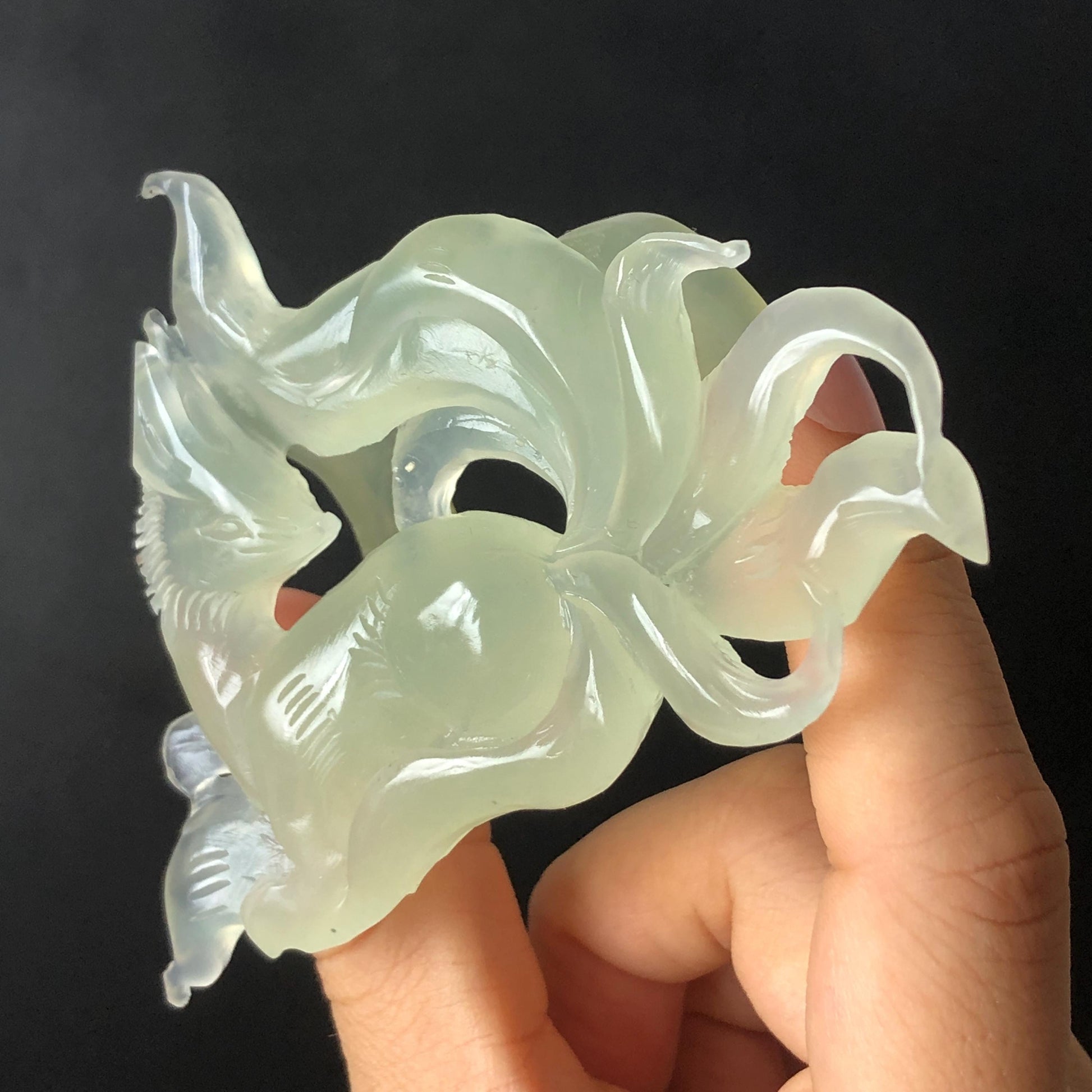 Xiu Jade Nine-tailed Fox Hand Carved Hair Crown: Natural Serpentine Ice Green  Jade Hanfu Hair Stick 3D stone carving Asian Chinese Vintage Style  Gift for her, hairpin, green jade hair stick, hair fork, chinese hairpin, korean hair stick, japanese hair pin, vinatge hair comb, bridal hair clip, fox lover gift, hand carved fox, hand engraved animals carving, fox carving, real jade untreated jade bridal headpiece wedding hair jewelry hollow out carving gift for her engagement gift