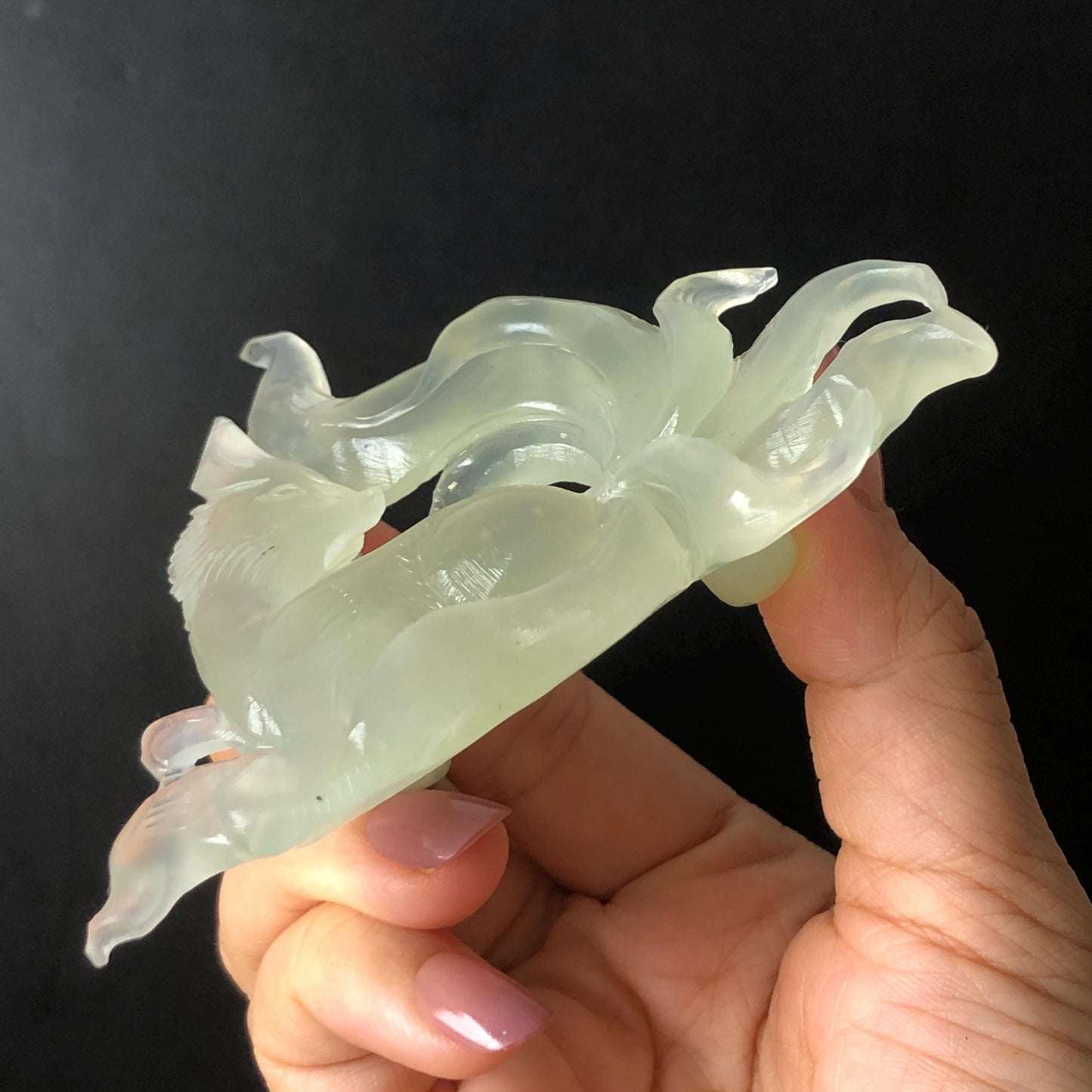 Xiu Jade Nine-tailed Fox Hand Carved Hair Crown: Natural Serpentine Ice Green  Jade Hanfu Hair Stick 3D stone carving Asian Chinese Vintage Style  Gift for her, hairpin, green jade hair stick, hair fork, chinese hairpin, korean hair stick, japanese hair pin, vinatge hair comb, bridal hair clip, fox lover gift, hand carved fox, hand engraved animals carving, fox carving, real jade untreated jade bridal headpiece wedding hair jewelry hollow out carving gift for her engagement gift