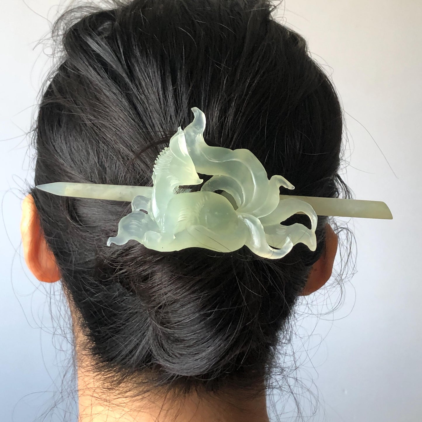 Xiu Jade Nine-tailed Fox Hand Carved Hair Crown: Natural Serpentine Ice Green Jade Vintage Hanfu Hair Stick 3D stone carving Hair Jewelry