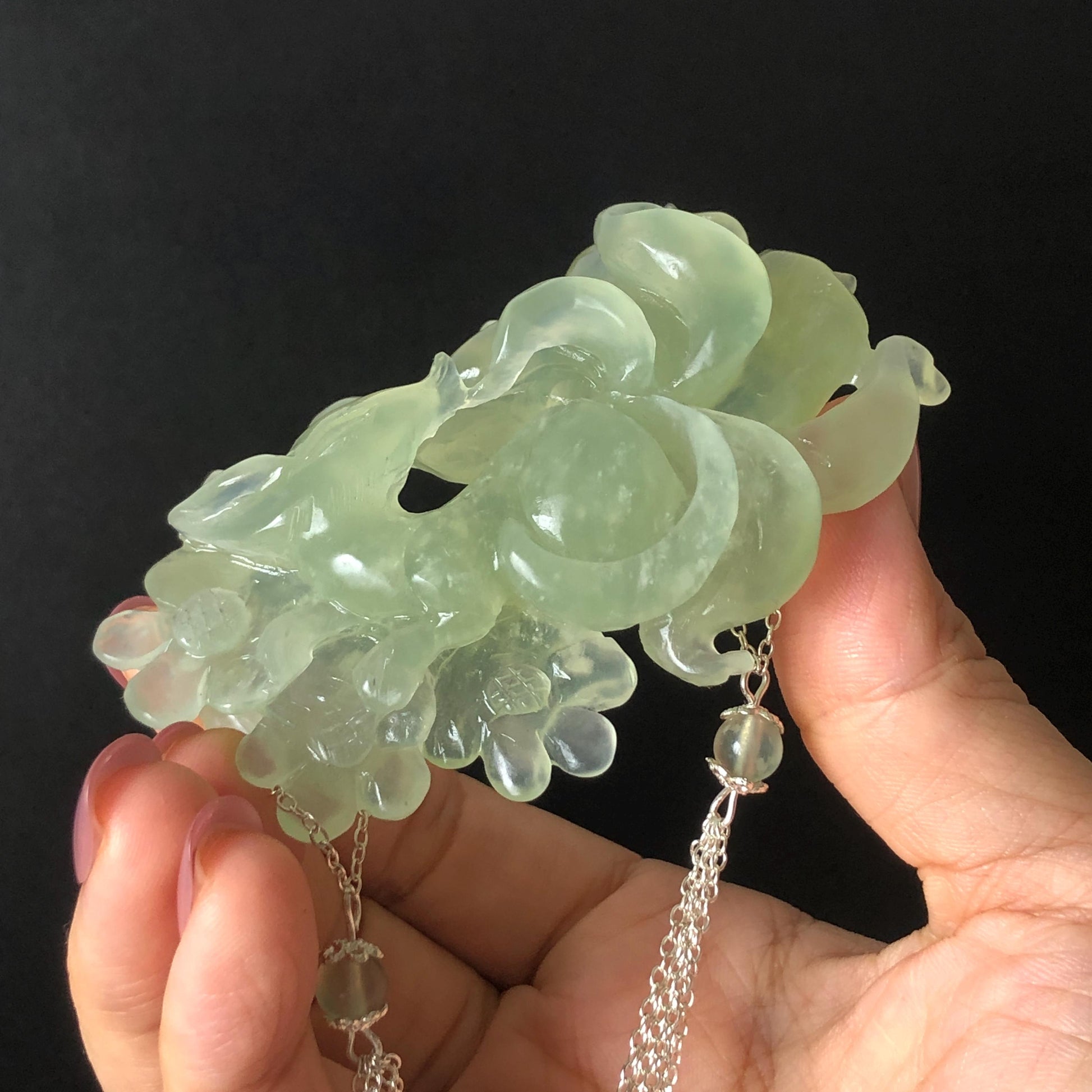 Xiu Jade Nine-tailed Fox Hand Carved Hair Crown: Natural Serpentine Ice Green  Jade Hanfu Hair Stick 3D stone carving Asian Chinese Vintage Style  Gift for her, hairpin, green jade hair stick, hair fork, chinese hairpin, korean hair stick, japanese hair pin, vinatge hair comb, bridal hair clip, fox lover gift, hand carved fox, hand engraved animals carving, fox carving, real jade untreated jade bridal headpiece wedding hair jewelry hollow out carving gift for her flower carving dangle hair pin