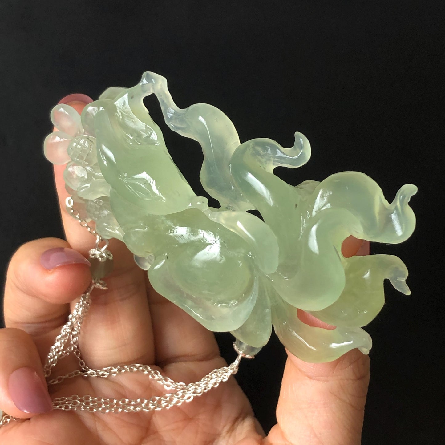 Xiu Jade Nine-tailed Fox Hand Carved Hair Crown: Natural Serpentine Ice Green  Jade Hanfu Hair Stick 3D stone carving Asian Chinese Vintage Style  Gift for her, hairpin, green jade hair stick, hair fork, chinese hairpin, korean hair stick, japanese hair pin, vinatge hair comb, bridal hair clip, fox lover gift, hand carved fox, hand engraved animals carving, fox carving, real jade untreated jade bridal headpiece wedding hair jewelry hollow out carving gift for her flower carving dangle hair pin