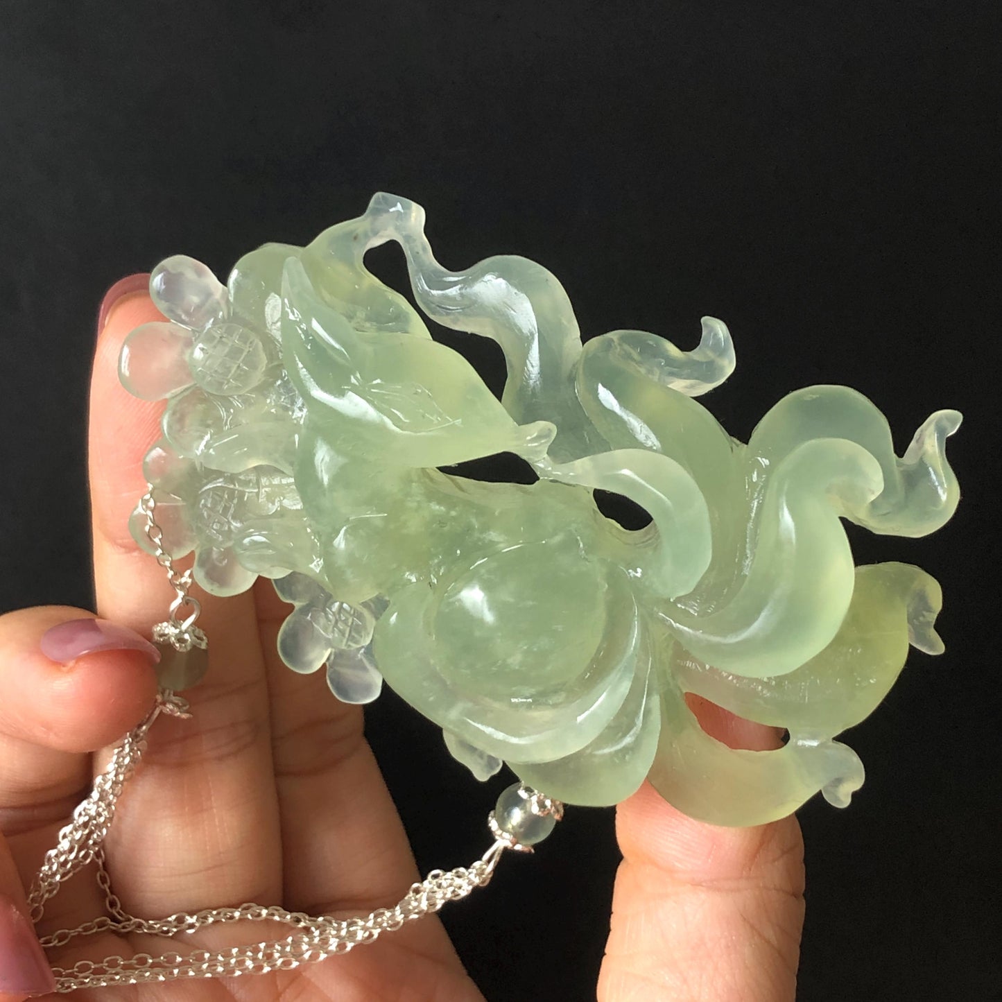 Xiu Jade Nine-tailed Fox Hand Carved Hair Crown: Natural Serpentine Ice Green  Jade Hanfu Hair Stick 3D stone carving Asian Chinese Vintage Style  Gift for her, hairpin, green jade hair stick, hair fork, chinese hairpin, korean hair stick, japanese hair pin, vinatge hair comb, bridal hair clip, fox lover gift, hand carved fox, hand engraved animals carving, fox carving, real jade untreated jade bridal headpiece wedding hair jewelry hollow out carving gift for her flower carving dangle hair pin