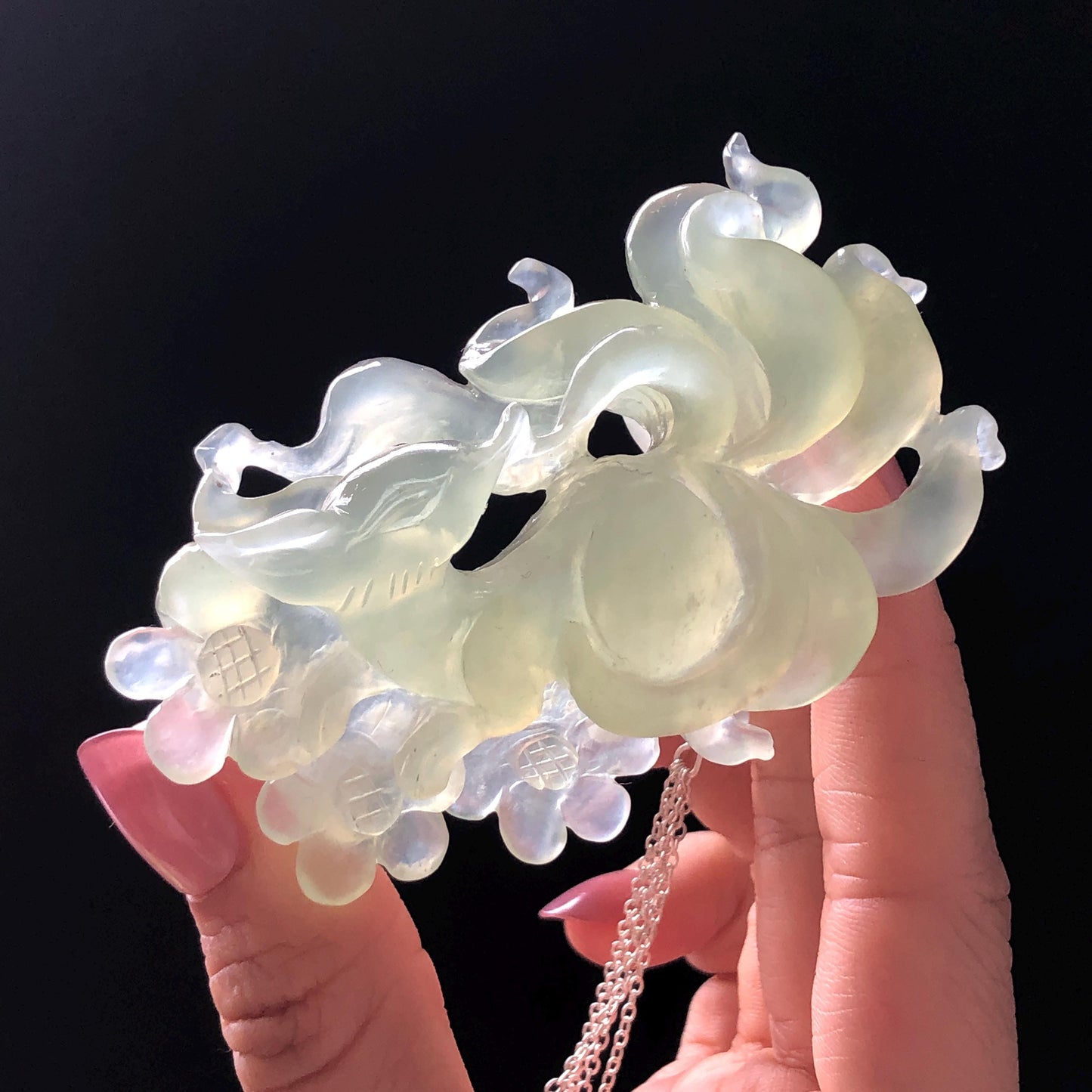 Xiu Jade Nine-tailed Fox Hand Carved Hair Crown: Natural Serpentine Ice Green  Jade Hanfu Hair Stick 3D stone carving Asian Chinese Vintage Style  Gift for her, hairpin, green jade hair stick, hair fork, chinese hairpin, korean hair stick, japanese hair pin, vinatge hair comb, bridal hair clip, fox lover gift, hand carved fox, hand engraved animals carving, fox carving, real jade untreated jade bridal headpiece wedding hair jewelry hollow out carving gift for her flower carving dangle hair pin