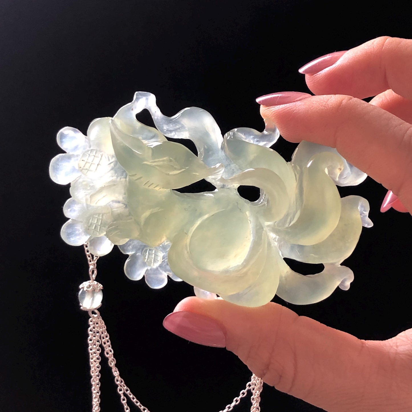 Xiu Jade Nine-tailed Fox Hand Carved Hair Crown: Natural Serpentine Ice Green  Jade Hanfu Hair Stick 3D stone carving Asian Chinese Vintage Style  Gift for her, hairpin, green jade hair stick, hair fork, chinese hairpin, korean hair stick, japanese hair pin, vinatge hair comb, bridal hair clip, fox lover gift, hand carved fox, hand engraved animals carving, fox carving, real jade untreated jade bridal headpiece wedding hair jewelry hollow out carving gift for her flower carving dangle hair pin