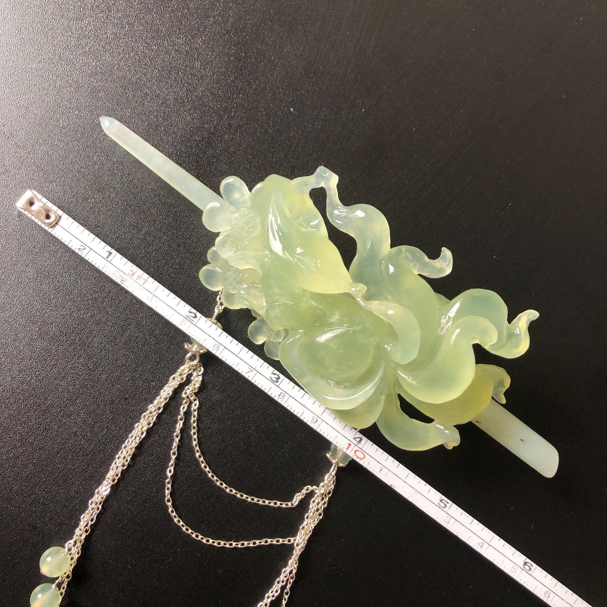 Xiu Jade Nine-tailed Fox Hand Carved Hair Crown: Natural Serpentine Ice Green  Jade Hanfu Hair Stick 3D stone carving Asian Chinese Vintage Style  Gift for her, hairpin, green jade hair stick, hair fork, chinese hairpin, korean hair stick, japanese hair pin, vinatge hair comb, bridal hair clip, fox lover gift, hand carved fox, hand engraved animals carving, fox carving, real jade untreated jade bridal headpiece wedding hair jewelry hollow out carving gift for her flower carving dangle hair pin