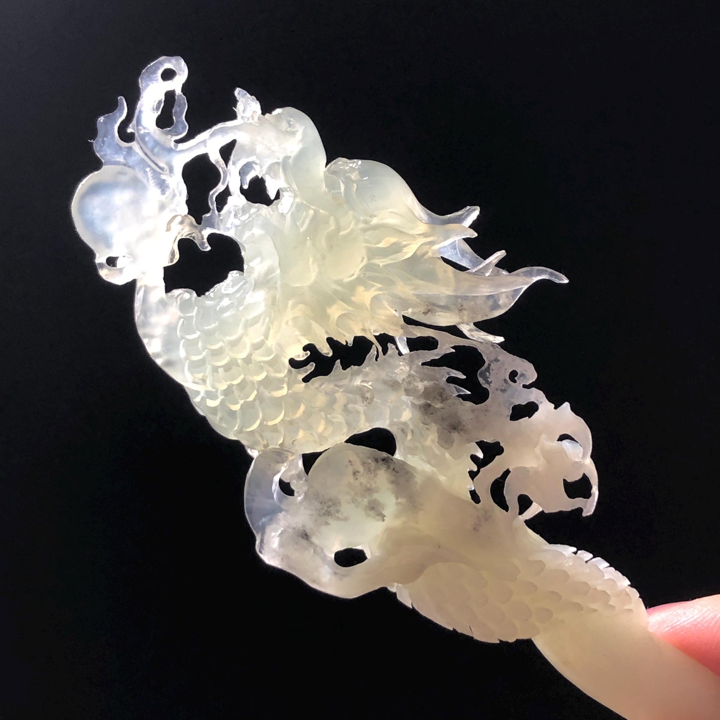 Xiu Jade Soaring Dragon Hand Carved Hair Pin: Natural Serpentine Ice Green White Jade Handcrafted Hair Stick Hollow Out Carving | Asian Vintage Hair Fork  Gift for her japanese hairpin korean hair stick hanfu hair fork vinatge hair comb antique hair pins dragon carving hand engraved dragon white jade green jade black jade carving hand carved dragon hair stick dragon lover gift handcrafted hair crown wedding headpiece 3D stone carving bridal hair jewelry