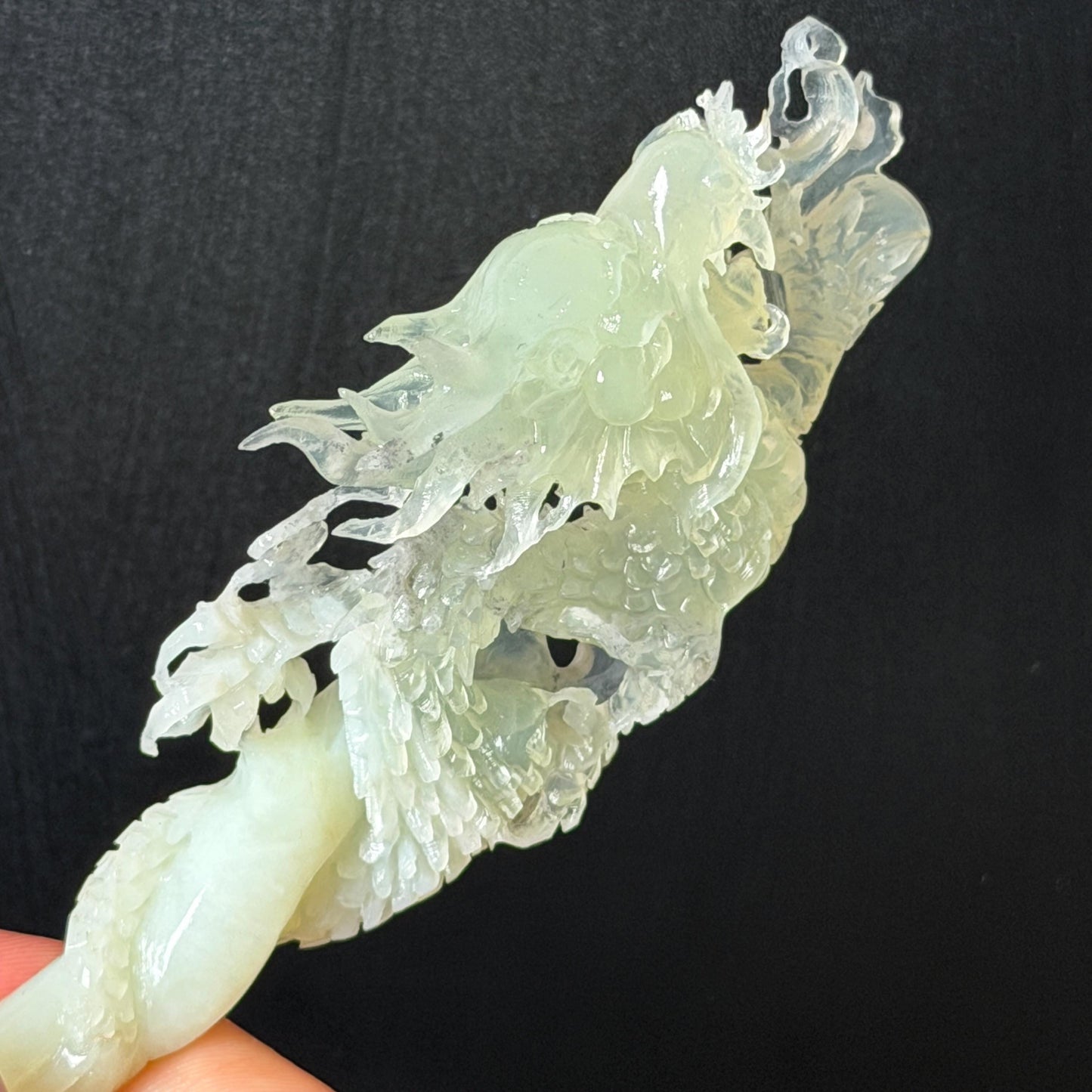 Xiu Jade Soaring Dragon Hand Carved Hair Pin: Natural Serpentine Ice Green White Jade Handcrafted Hair Stick Hollow Out Carving | Asian Vintage Hair Fork  Gift for her japanese hairpin korean hair stick hanfu hair fork vinatge hair comb antique hair pins dragon carving hand engraved dragon white jade green jade black jade carving hand carved dragon hair stick dragon lover gift handcrafted hair crown wedding headpiece 3D stone carving bridal hair jewelry