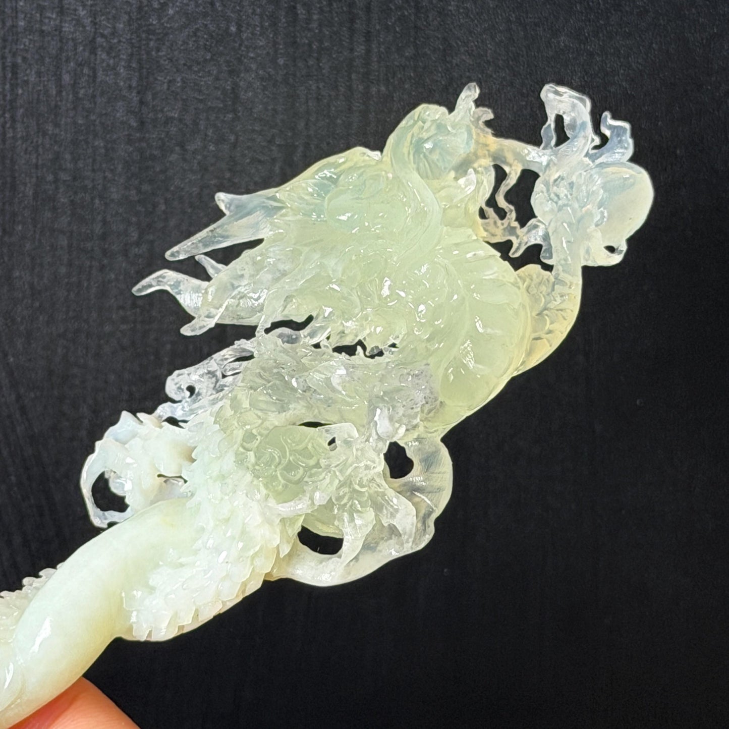 Xiu Jade Soaring Dragon Hand Carved Hair Pin: Natural Serpentine Ice Green White Jade Handcrafted Hair Stick Hollow Out Carving | Asian Vintage Hair Fork  Gift for her japanese hairpin korean hair stick hanfu hair fork vinatge hair comb antique hair pins dragon carving hand engraved dragon white jade green jade black jade carving hand carved dragon hair stick dragon lover gift handcrafted hair crown wedding headpiece 3D stone carving bridal hair jewelry