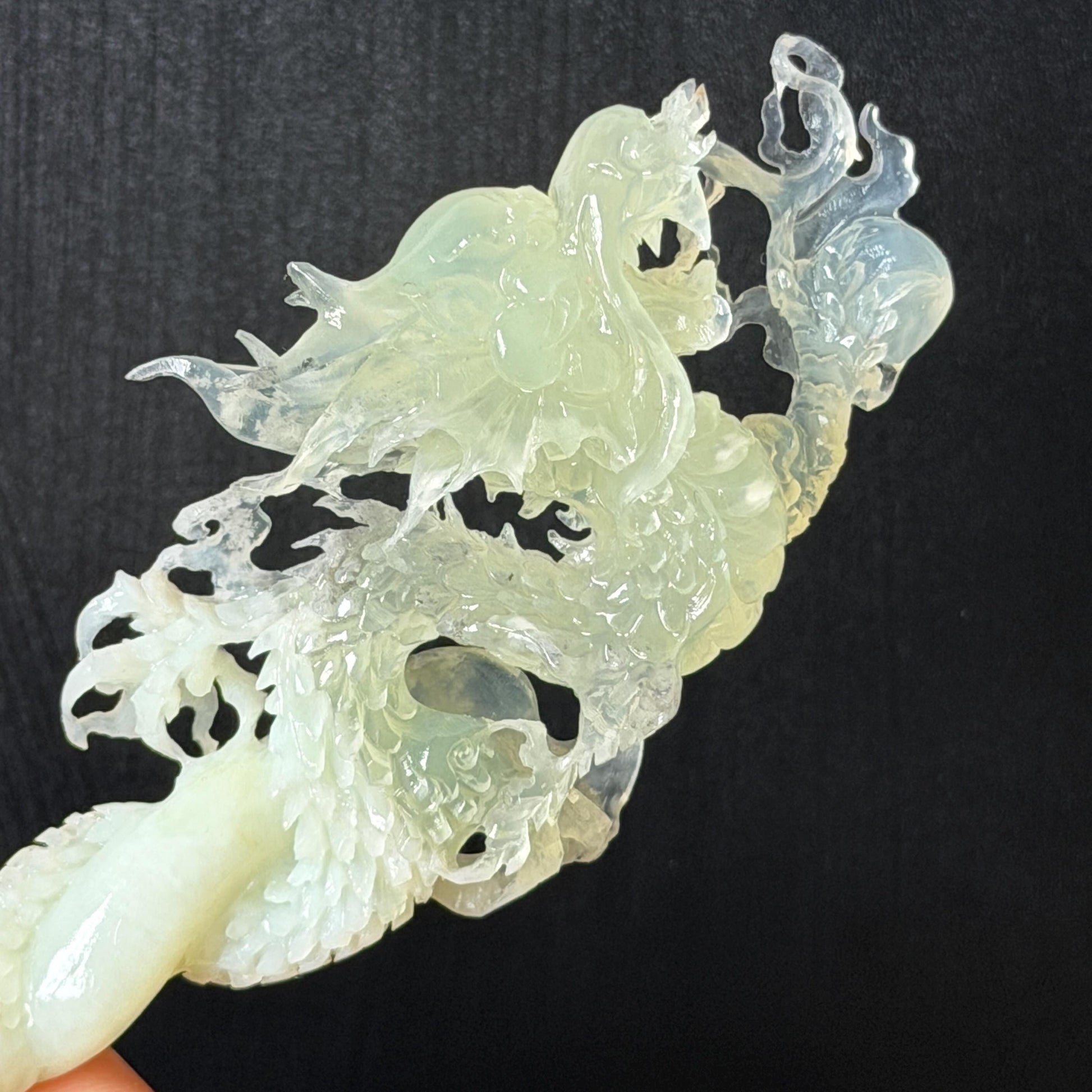 Xiu Jade Soaring Dragon Hand Carved Hair Pin: Natural Serpentine Ice Green White Jade Handcrafted Hair Stick Hollow Out Carving | Asian Vintage Hair Fork  Gift for her japanese hairpin korean hair stick hanfu hair fork vinatge hair comb antique hair pins dragon carving hand engraved dragon white jade green jade black jade carving hand carved dragon hair stick dragon lover gift handcrafted hair crown wedding headpiece 3D stone carving bridal hair jewelry