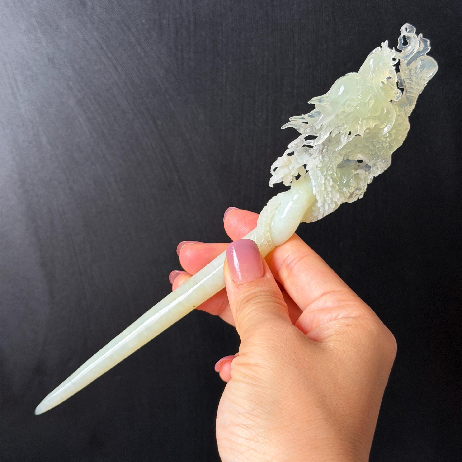 Xiu Jade Soaring Dragon Hand Carved Hair Pin: Natural Serpentine Ice Green White Jade Handcrafted Hair Stick Hollow Out Carving | Asian Vintage Hair Fork  Gift for her japanese hairpin korean hair stick hanfu hair fork vinatge hair comb antique hair pins dragon carving hand engraved dragon white jade green jade black jade carving hand carved dragon hair stick dragon lover gift handcrafted hair crown wedding headpiece 3D stone carving bridal hair jewelry