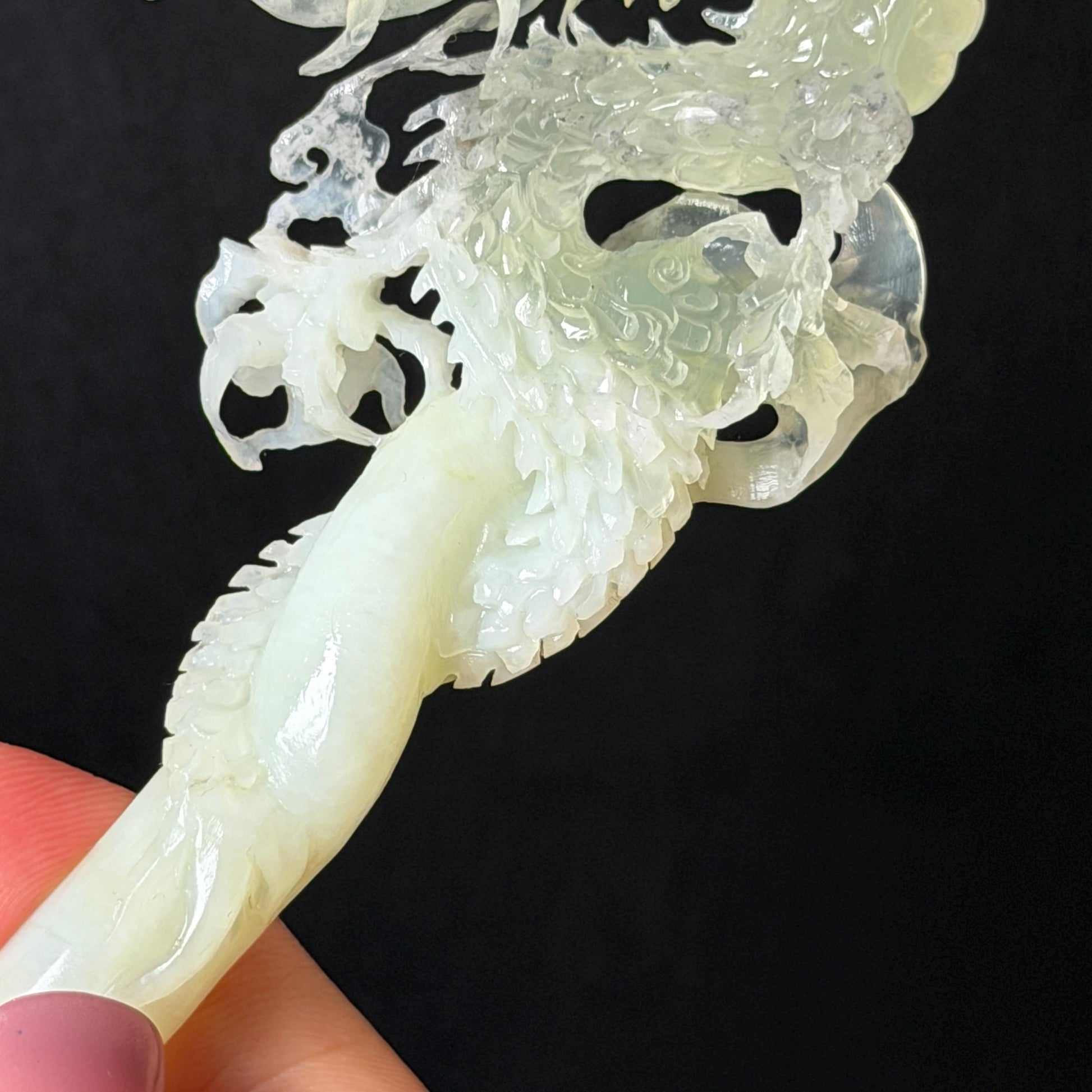 Xiu Jade Soaring Dragon Hand Carved Hair Pin: Natural Serpentine Ice Green White Jade Handcrafted Hair Stick Hollow Out Carving | Asian Vintage Hair Fork  Gift for her japanese hairpin korean hair stick hanfu hair fork vinatge hair comb antique hair pins dragon carving hand engraved dragon white jade green jade black jade carving hand carved dragon hair stick dragon lover gift handcrafted hair crown wedding headpiece 3D stone carving bridal hair jewelry