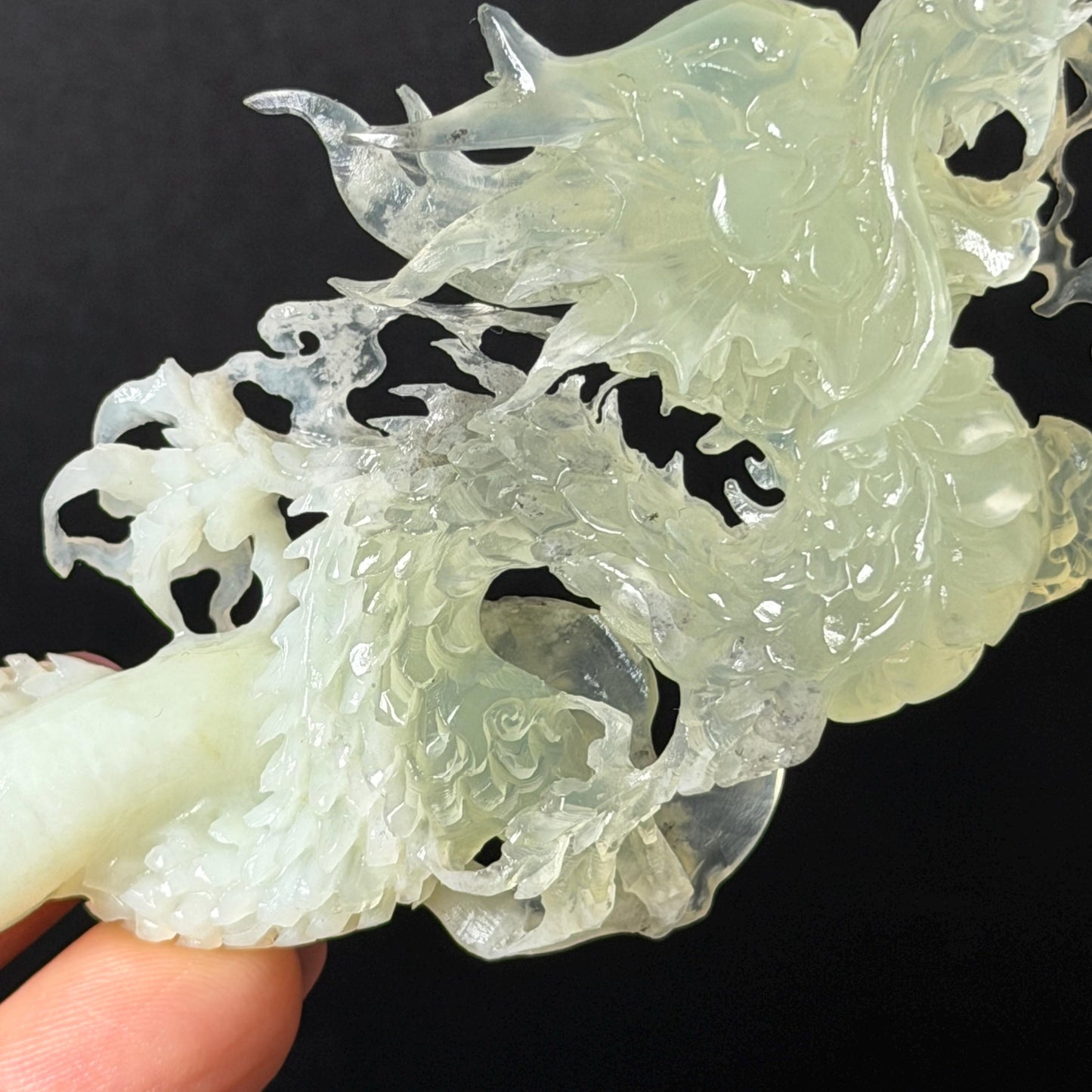 Xiu Jade Soaring Dragon Hand Carved Hair Pin: Natural Serpentine Ice Green White Jade Handcrafted Hair Stick Hollow Out Carving | Asian Vintage Hair Fork  Gift for her japanese hairpin korean hair stick hanfu hair fork vinatge hair comb antique hair pins dragon carving hand engraved dragon white jade green jade black jade carving hand carved dragon hair stick dragon lover gift handcrafted hair crown wedding headpiece 3D stone carving bridal hair jewelry