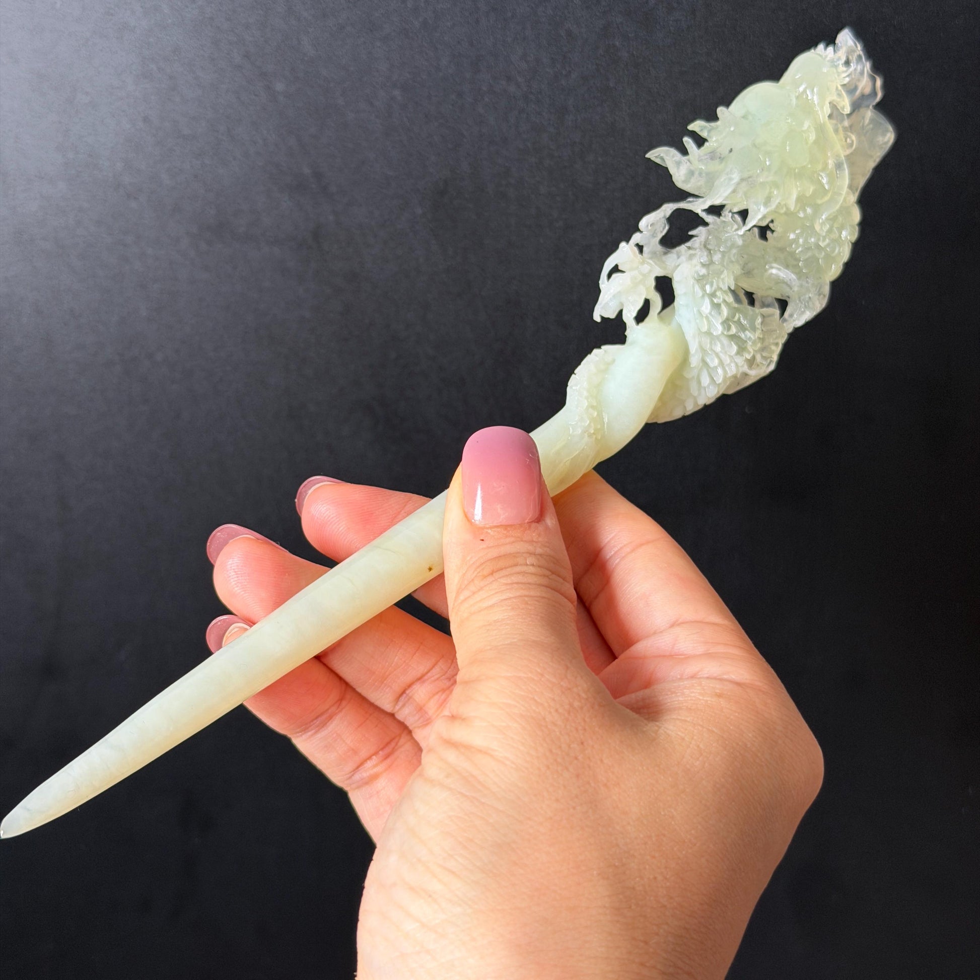 Xiu Jade Soaring Dragon Hand Carved Hair Pin: Natural Serpentine Ice Green White Jade Handcrafted Hair Stick Hollow Out Carving | Asian Vintage Hair Fork  Gift for her japanese hairpin korean hair stick hanfu hair fork vinatge hair comb antique hair pins dragon carving hand engraved dragon white jade green jade black jade carving hand carved dragon hair stick dragon lover gift handcrafted hair crown wedding headpiece 3D stone carving bridal hair jewelry