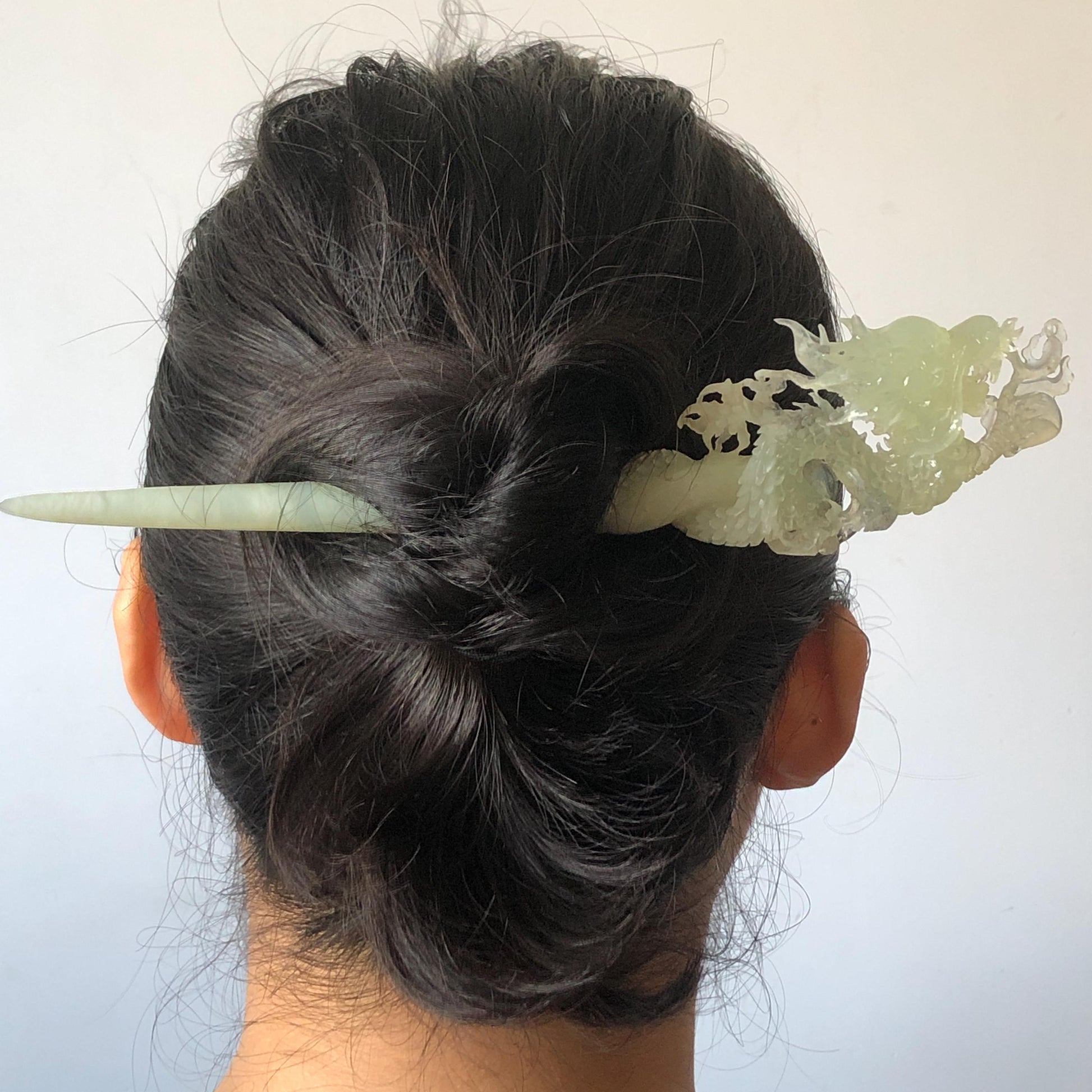 Xiu Jade Soaring Dragon Hand Carved Hair Pin: Natural Serpentine Ice Green White Jade Handcrafted Hair Stick Hollow Out Carving | Asian Vintage Hair Fork  Gift for her japanese hairpin korean hair stick hanfu hair fork vinatge hair comb antique hair pins dragon carving hand engraved dragon white jade green jade black jade carving hand carved dragon hair stick dragon lover gift handcrafted hair crown wedding headpiece 3D stone carving bridal hair jewelry