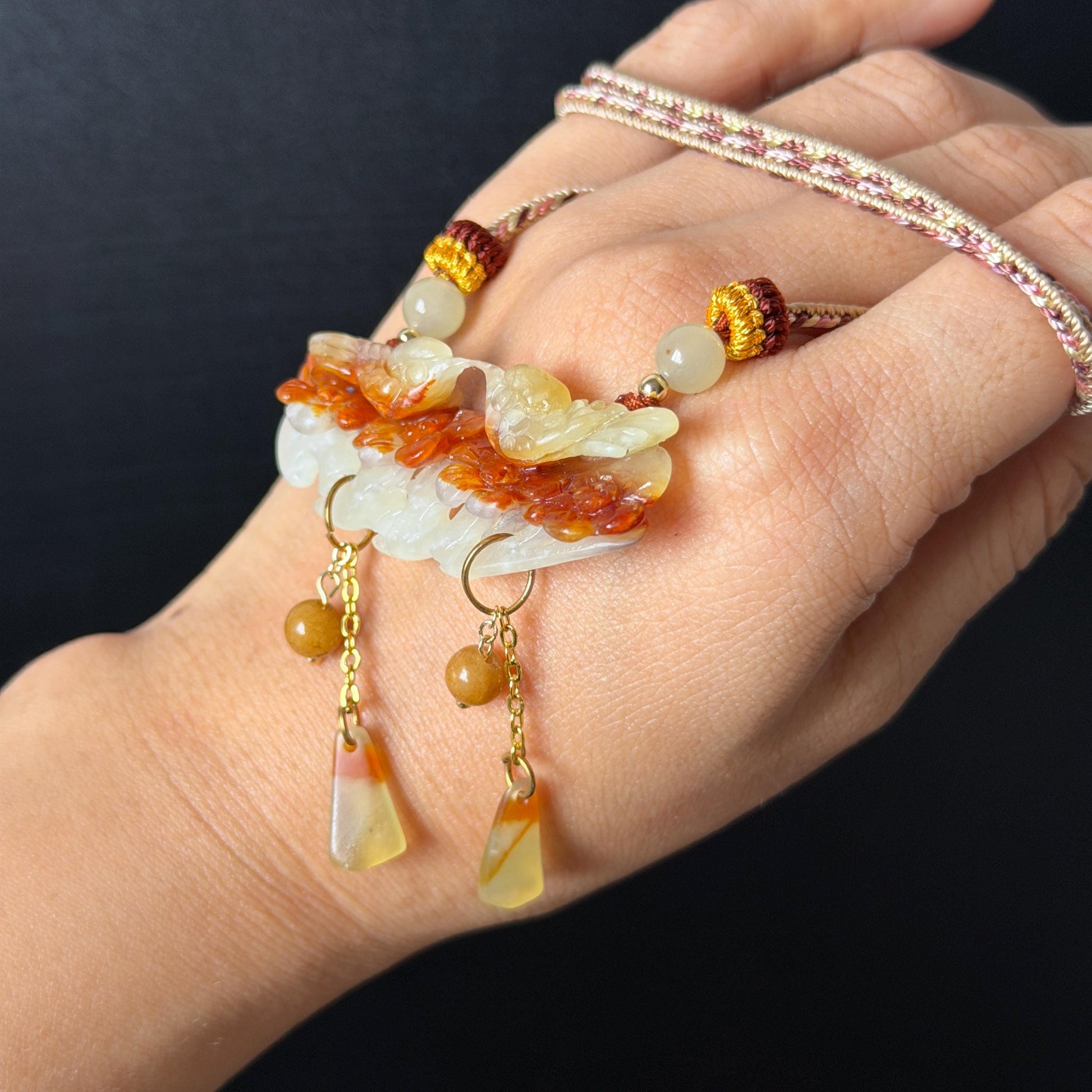Xiu Jade Magpie Birds and Flower Hand Carved Pendant Adjustable Necklace Choker: Certified Natural Serpentine Multicolor Brown Yellow White Jade Handcrafted Charm | Fortune & Happiness | Stone Crystal Gemstone Jewellery  Gift for her, brown jade carving yellow jade white jade Braided necklace plum blossom carving flower carving hand engraved flower chinese jade pendant necklace vintage necklace antique necklace certificate jade natural untreated jade certified jade modern necklace bird carving