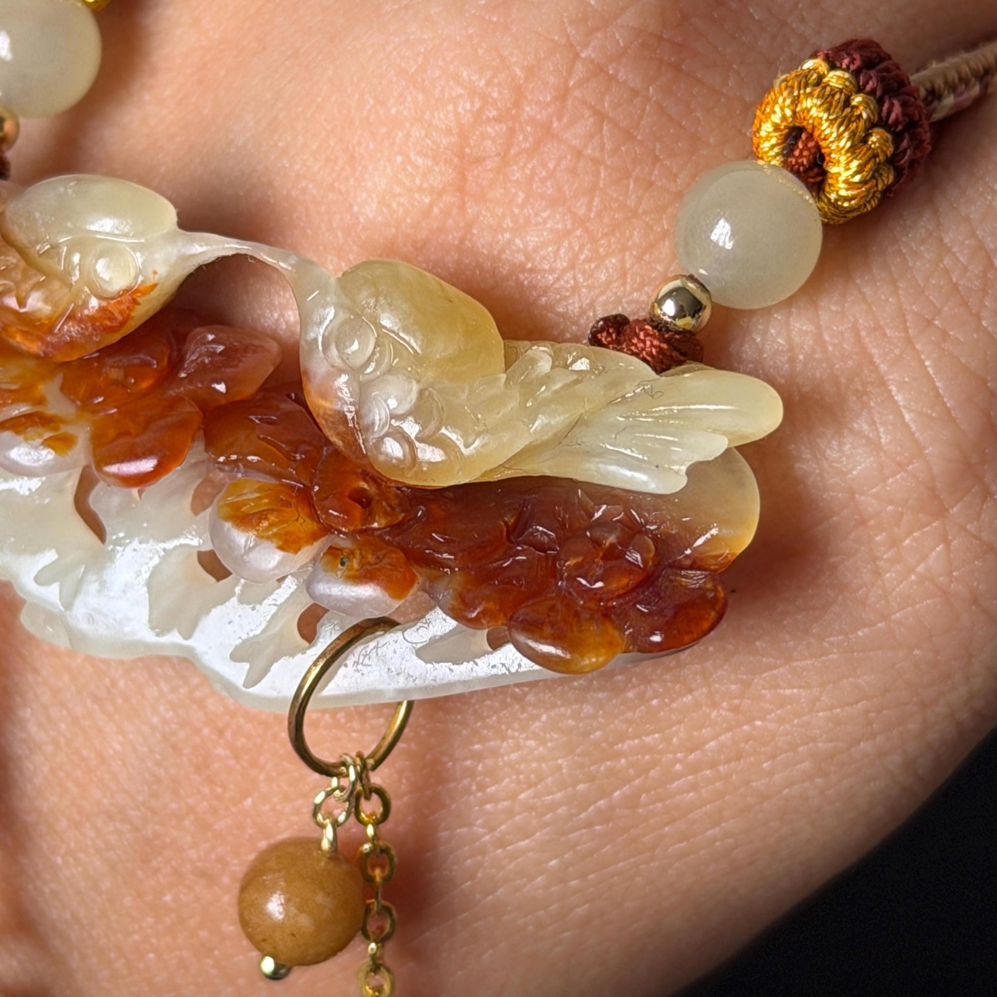 Xiu Jade Magpie Birds and Flower Hand Carved Pendant Adjustable Necklace Choker: Certified Natural Serpentine Multicolor Brown Yellow White Jade Handcrafted Charm | Fortune & Happiness | Stone Crystal Gemstone Jewellery  Gift for her, brown jade carving yellow jade white jade Braided necklace plum blossom carving flower carving hand engraved flower chinese jade pendant necklace vintage necklace antique necklace certificate jade natural untreated jade certified jade modern necklace bird carving
