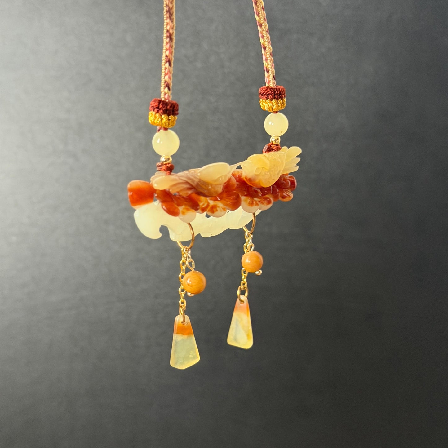 Xiu Jade Magpie Birds and Flower Hand Carved Pendant Adjustable Necklace Choker: Certified Natural Serpentine Multicolor Brown Yellow White Jade Handcrafted Charm | Fortune & Happiness | Stone Crystal Gemstone Jewellery  Gift for her, brown jade carving yellow jade white jade Braided necklace plum blossom carving flower carving hand engraved flower chinese jade pendant necklace vintage necklace antique necklace certificate jade natural untreated jade certified jade modern necklace bird carving