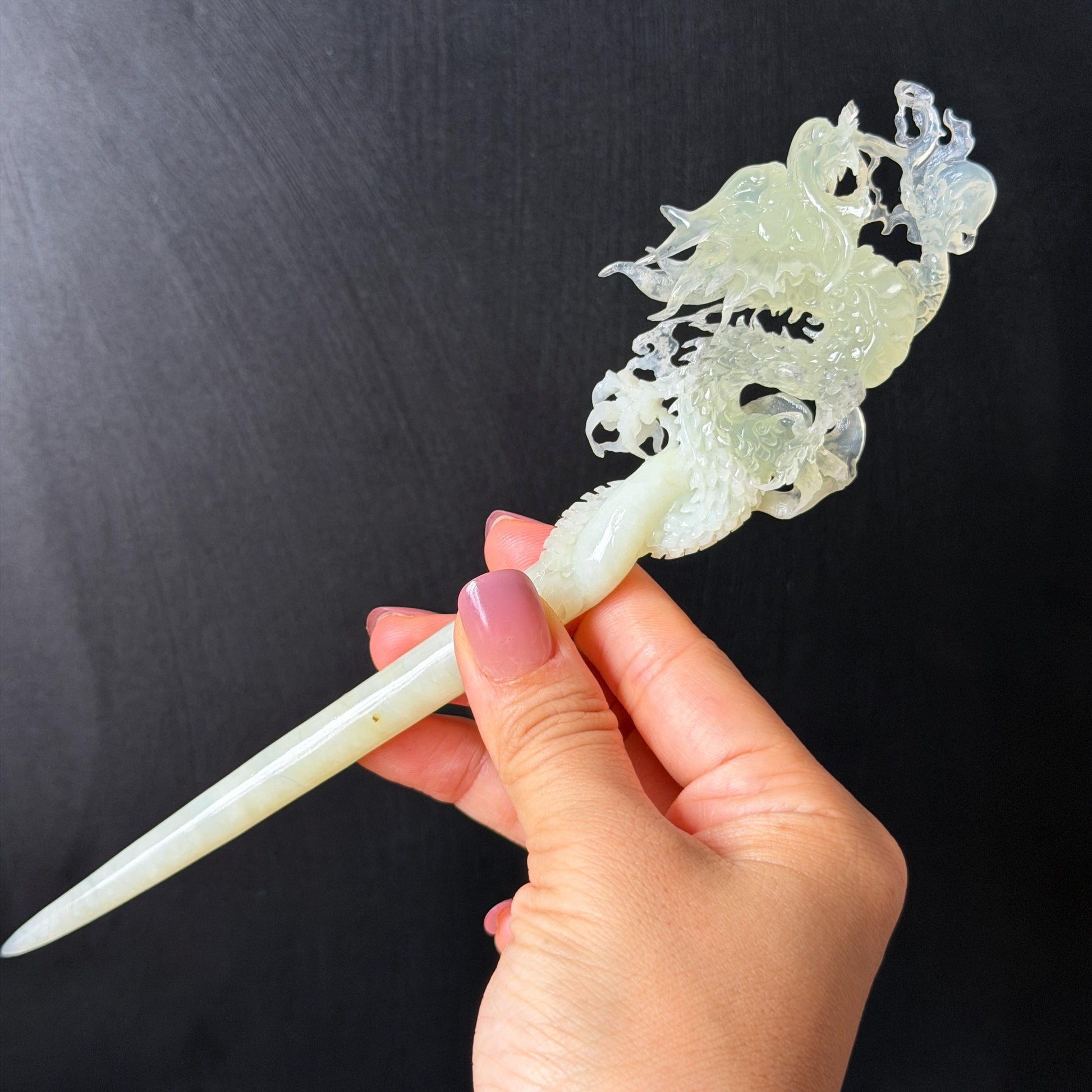 Xiu Jade Soaring Dragon Hand Carved Hair Pin: Natural Serpentine Ice Green White Jade Handcrafted Hanfu Hair Stick Hollow Out Carving Gift