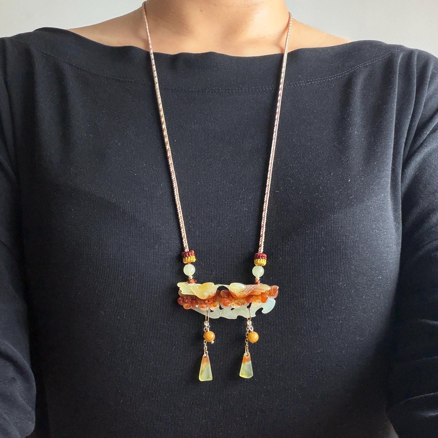 Xiu Jade Magpie Birds and Flower Hand Carved Pendant Adjustable Necklace Choker: Certified Natural Serpentine Multicolor Brown Yellow White Jade Handcrafted Charm | Fortune & Happiness | Stone Crystal Gemstone Jewellery  Gift for her, brown jade carving yellow jade white jade Braided necklace plum blossom carving flower carving hand engraved flower chinese jade pendant necklace vintage necklace antique necklace certificate jade natural untreated jade certified jade modern necklace bird carving