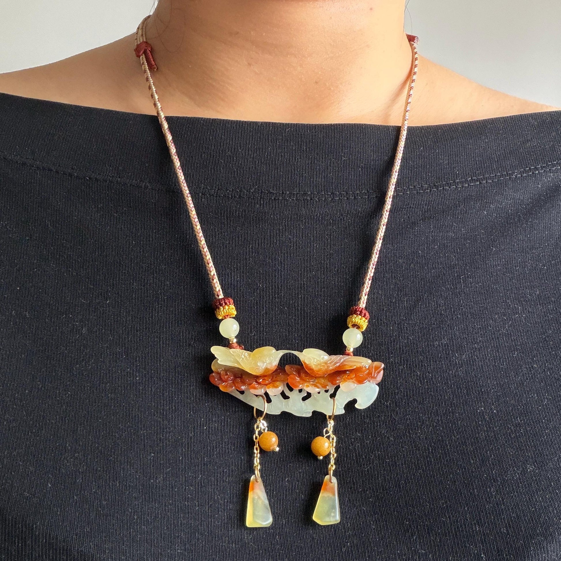 Xiu Jade Magpie Birds and Flower Hand Carved Pendant Adjustable Necklace Choker: Certified Natural Serpentine Multicolor Brown Yellow White Jade Handcrafted Charm | Fortune & Happiness | Stone Crystal Gemstone Jewellery  Gift for her, brown jade carving yellow jade white jade Braided necklace plum blossom carving flower carving hand engraved flower chinese jade pendant necklace vintage necklace antique necklace certificate jade natural untreated jade certified jade modern necklace bird carving