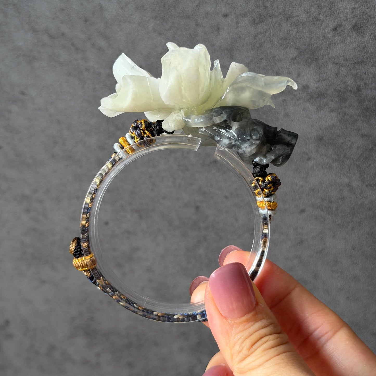 Xiu Jade Gardenia Flower Hand Carved Charm Braided Bracelet: Natural Serpentine Black & White Jade Adjustable Bracelet 3D Stone Carving    adjustable bracelet woven bracelet rope 3D jade carving white jade black jade natural untreated jade handcrafted charm bead bracelet handmade bracelet flower carving peony carving hand engraved charm chinese braided bracelet vintage bracelet antique bracelet lucky rope flower lover gift birthday gift handcrafted bracelet birthday gift handmade bracelet