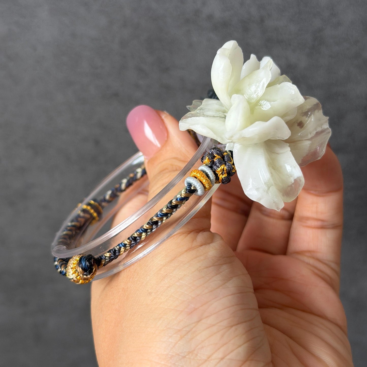 Xiu Jade Gardenia Flower Hand Carved Charm Braided Bracelet: Natural Serpentine Black & White Jade Adjustable Bracelet 3D Stone Carving    adjustable bracelet woven bracelet rope 3D jade carving white jade black jade natural untreated jade handcrafted charm bead bracelet handmade bracelet flower carving peony carving hand engraved charm chinese braided bracelet vintage bracelet antique bracelet lucky rope flower lover gift birthday gift handcrafted bracelet birthday gift handmade bracelet