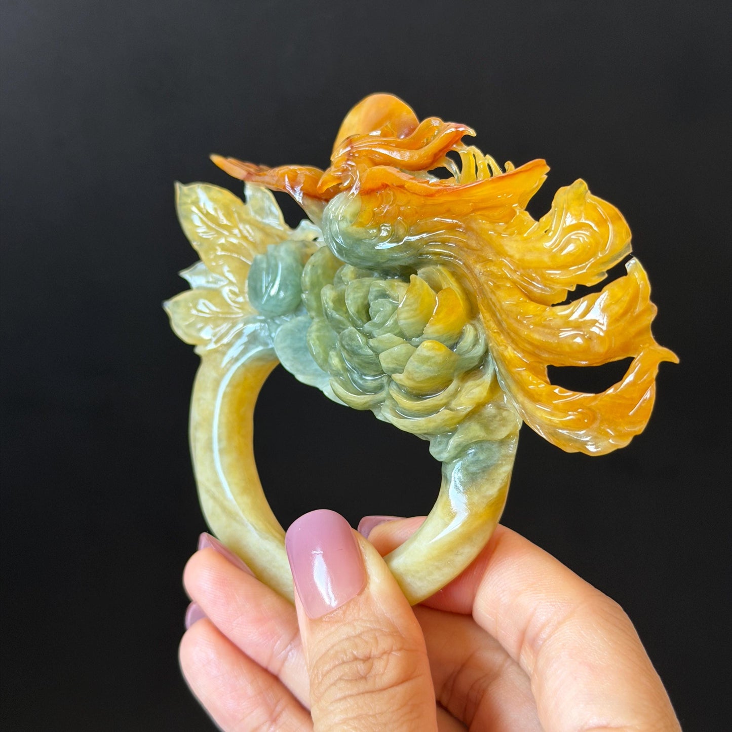 Xiu Jade Phoenix & Peony Hand Carved Hair Pin: Certified Natural Serpentine Multicolor Orange Yellow Green Jade Hanfu Handcrafted Hair Stick | Asian Chinese Vintage Style gift for her hand carved phoenix carving hand engraved phoenix hair stick phoenix carving red phoenix fire phoenix hair fork red jade orange jade yellow jade chinese jade with certificate korean hair pin japanese hair stick hair fork hair comb hanfu hair stick peony carving 3D stone carving bridal headpiece wedding hair jewelry