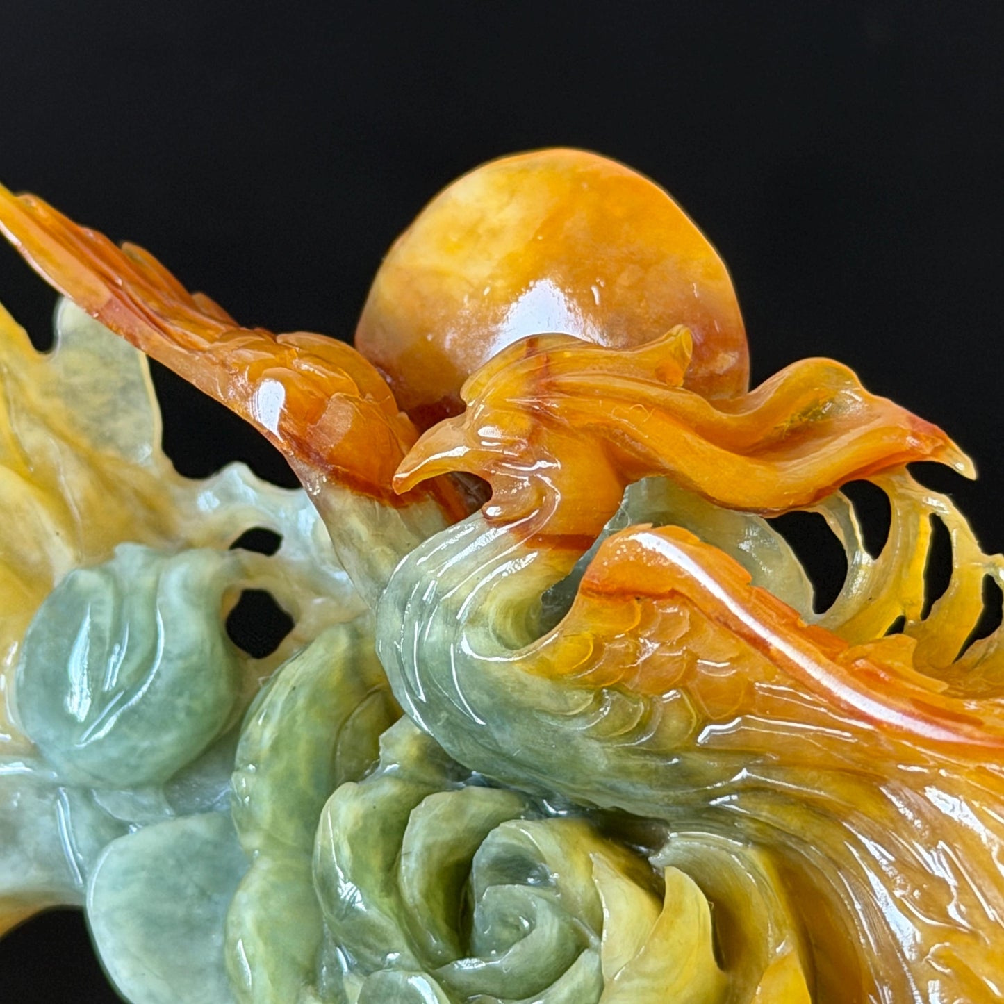 Xiu Jade Phoenix & Peony Hand Carved Hair Pin: Certified Natural Serpentine Multicolor Orange Yellow Green Jade Hanfu Handcrafted Hair Stick | Asian Chinese Vintage Style gift for her hand carved phoenix carving hand engraved phoenix hair stick phoenix carving red phoenix fire phoenix hair fork red jade orange jade yellow jade chinese jade with certificate korean hair pin japanese hair stick hair fork hair comb hanfu hair stick peony carving 3D stone carving bridal headpiece wedding hair jewelry