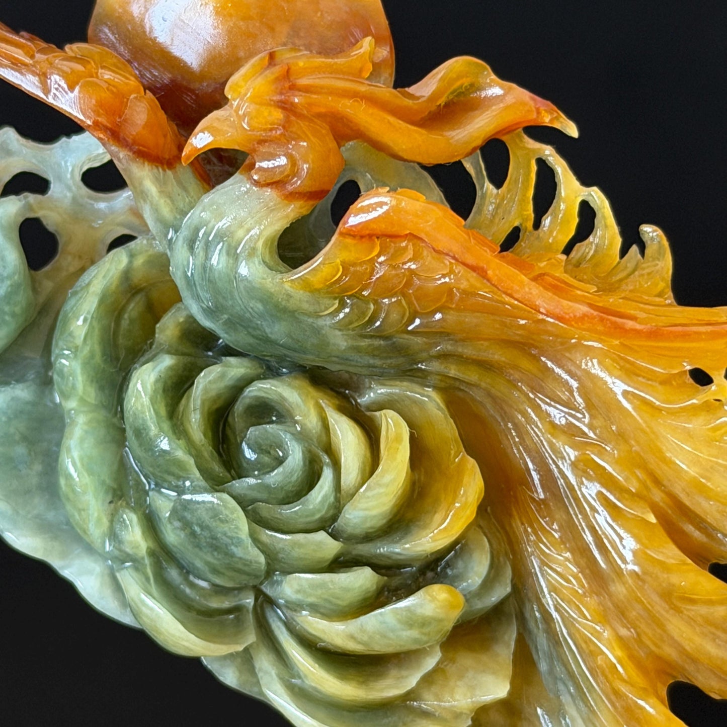 Xiu Jade Phoenix & Peony Hand Carved Hair Pin: Certified Natural Serpentine Multicolor Orange Yellow Green Jade Hanfu Handcrafted Hair Stick | Asian Chinese Vintage Style gift for her hand carved phoenix carving hand engraved phoenix hair stick phoenix carving red phoenix fire phoenix hair fork red jade orange jade yellow jade chinese jade with certificate korean hair pin japanese hair stick hair fork hair comb hanfu hair stick peony carving 3D stone carving bridal headpiece wedding hair jewelry