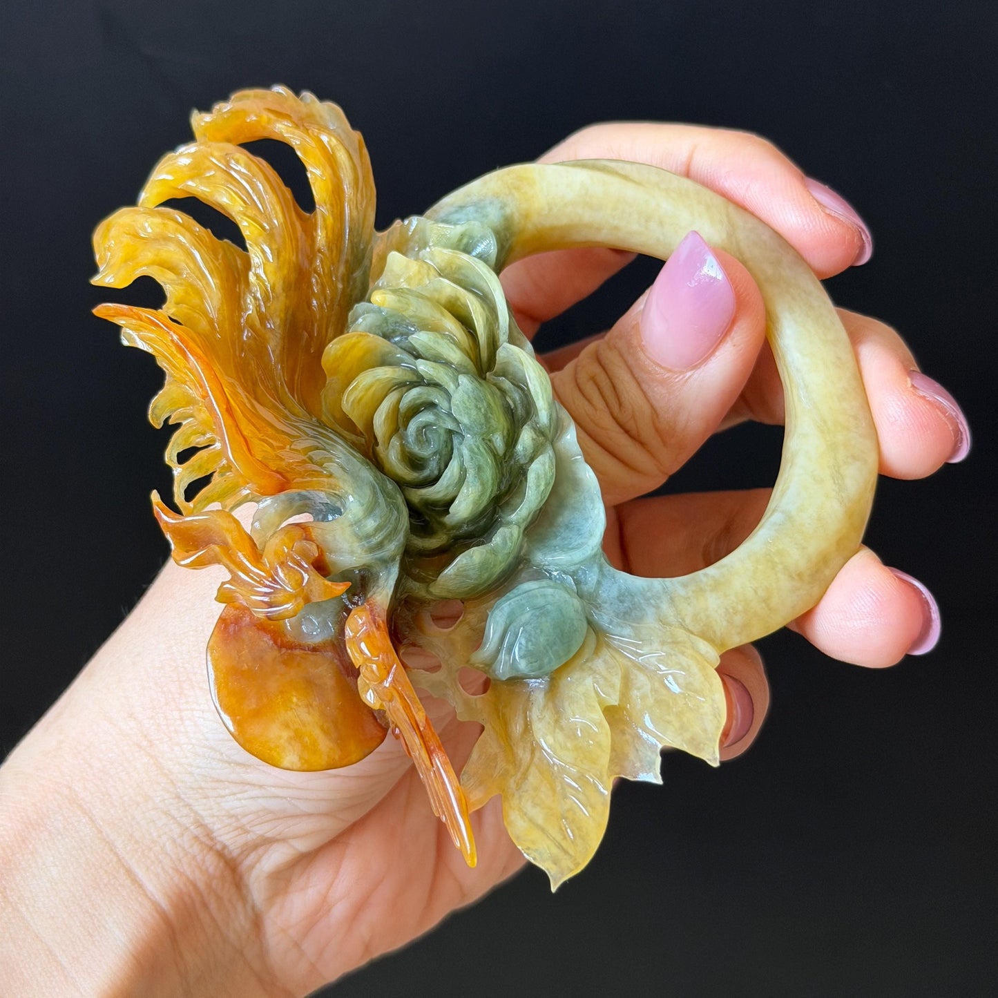 Xiu Jade Phoenix & Peony Hand Carved Hair Pin: Certified Natural Serpentine Multicolor Orange Yellow Green Jade Hanfu Handcrafted Hair Stick | Asian Chinese Vintage Style gift for her hand carved phoenix carving hand engraved phoenix hair stick phoenix carving red phoenix fire phoenix hair fork red jade orange jade yellow jade chinese jade with certificate korean hair pin japanese hair stick hair fork hair comb hanfu hair stick peony carving 3D stone carving bridal headpiece wedding hair jewelry